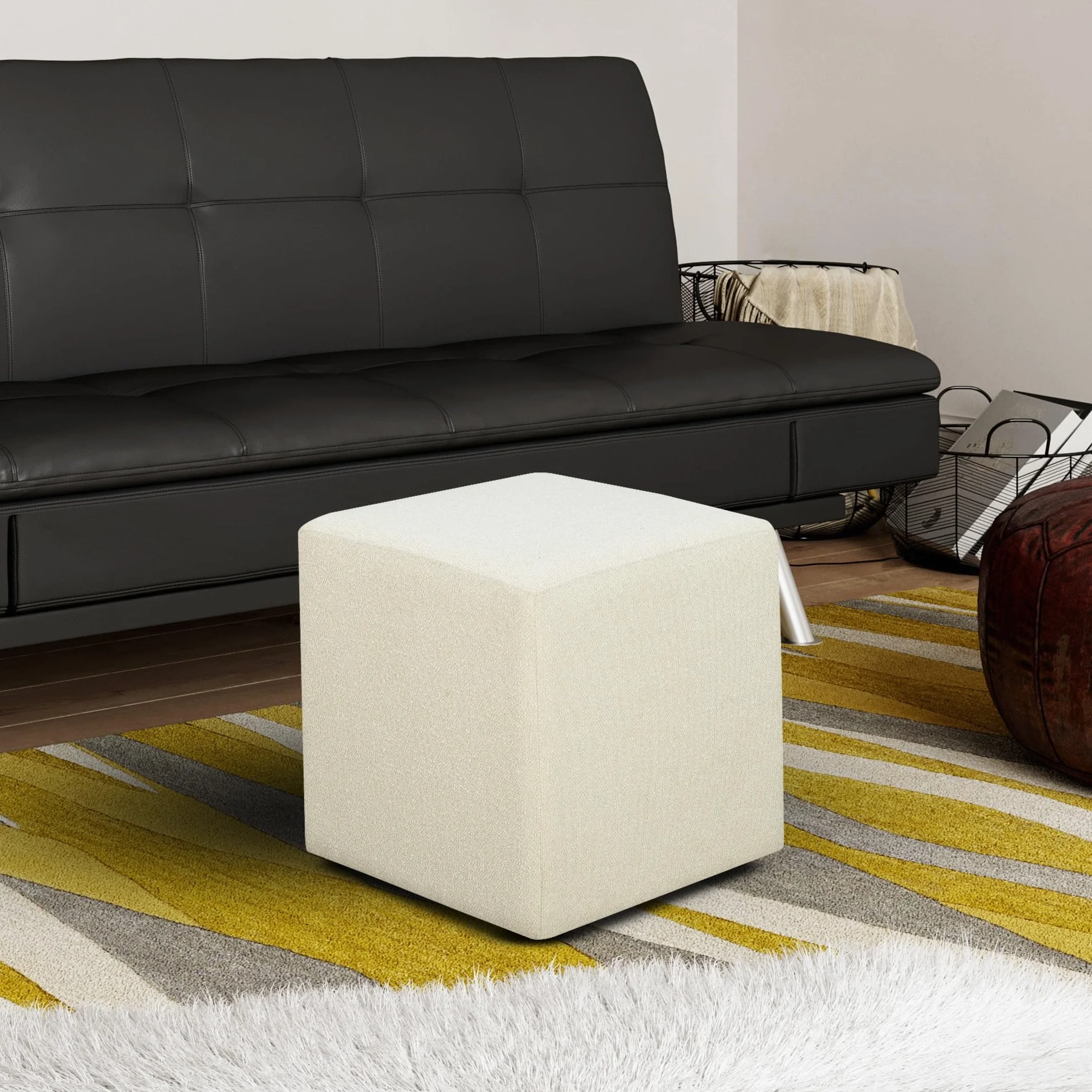Studio Living Warren 18" Cube Ottoman, Urban Transitional, Fully Assembled, Soft Boucle Fabric, Snow