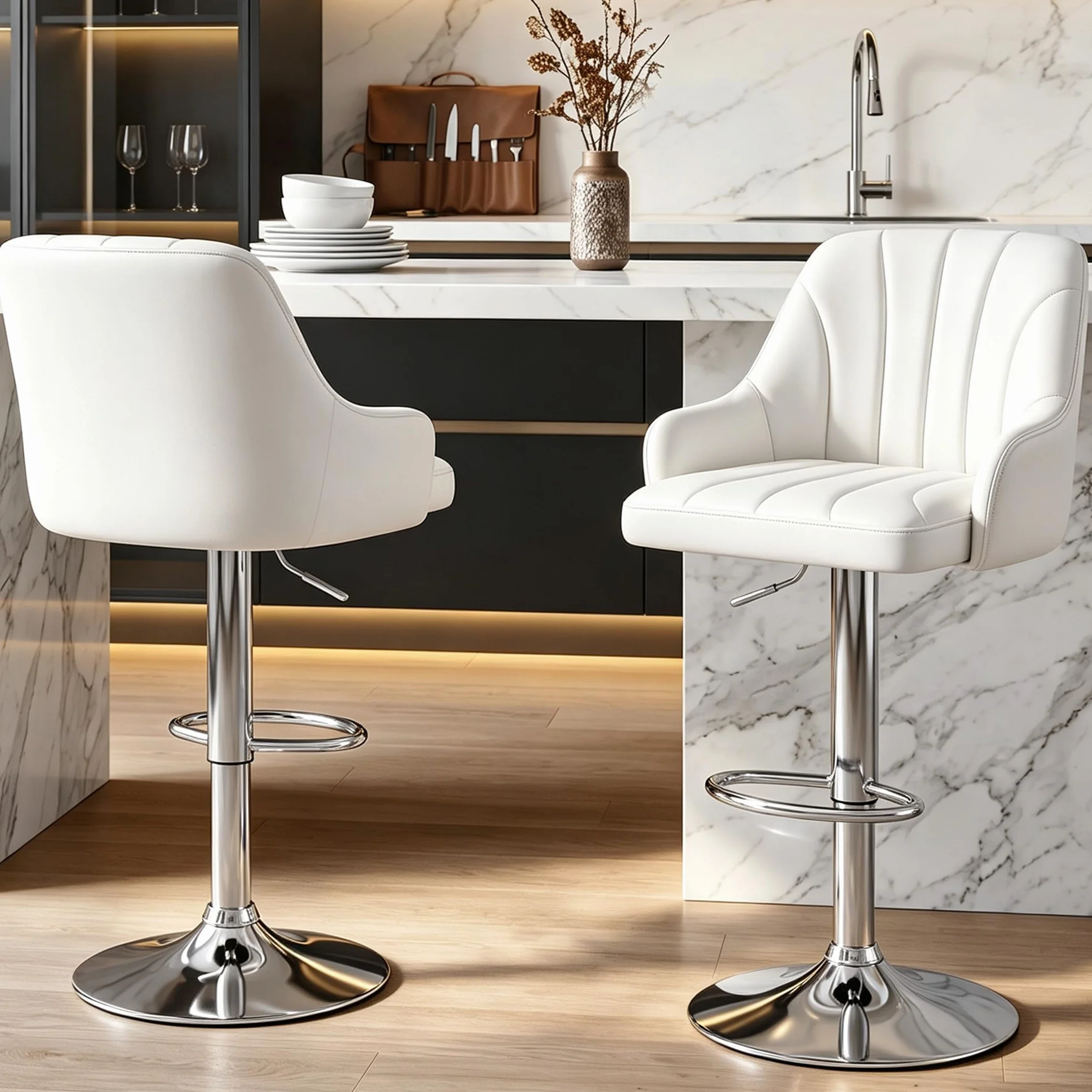 VECELO Bar Stools Set of 2, Adjustable Barstools, Counter Height Stools with Back and Arm, Kitchen Island Stools, Swivel PU Leather Stools, Modern Style, White