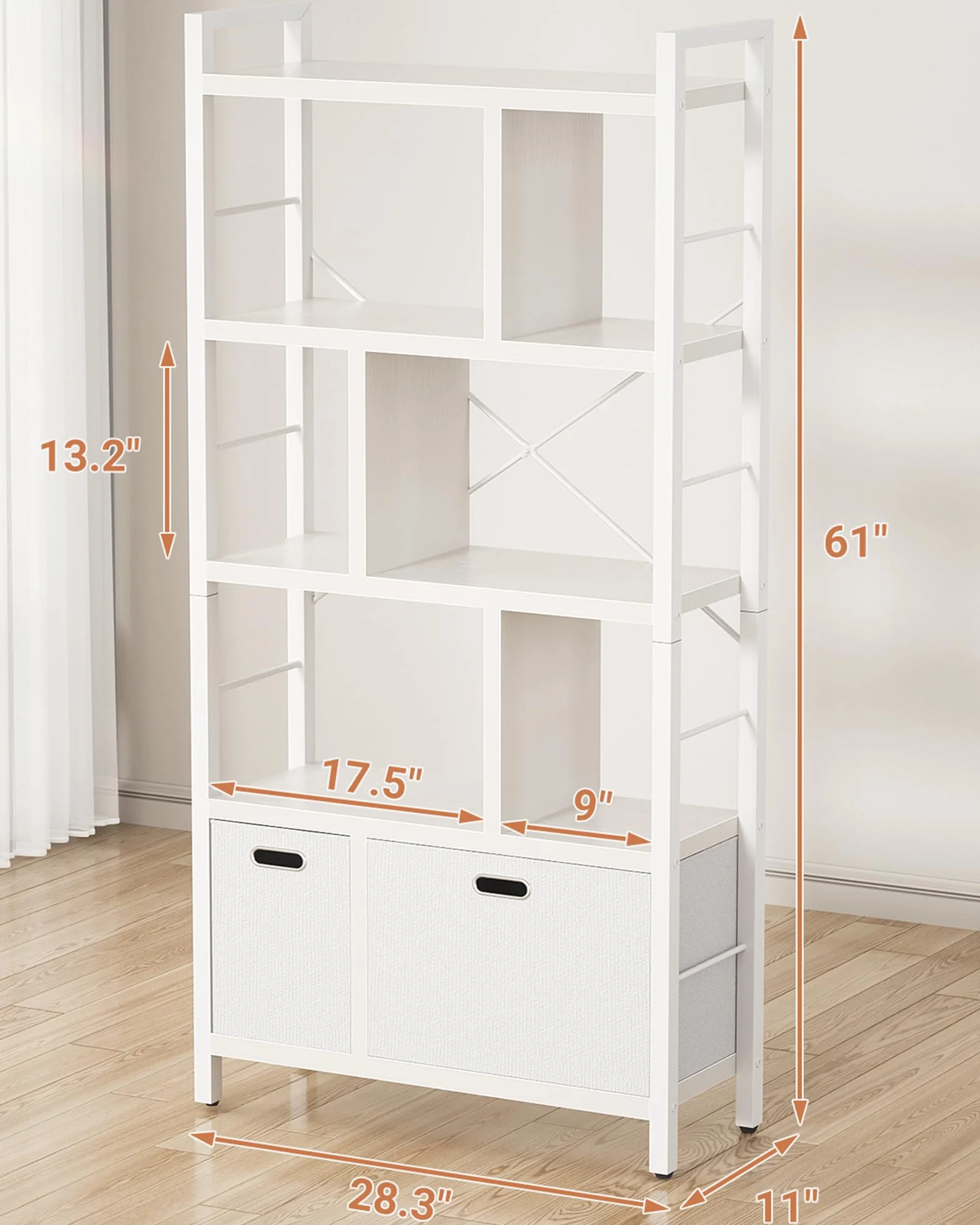 Bookshelf with Drawers - 5 Tier Tall Bookcase Geometric Modern Book Shelf Display Standing Bookshelves with Storage for Living Room, Bedroom Home Office, White