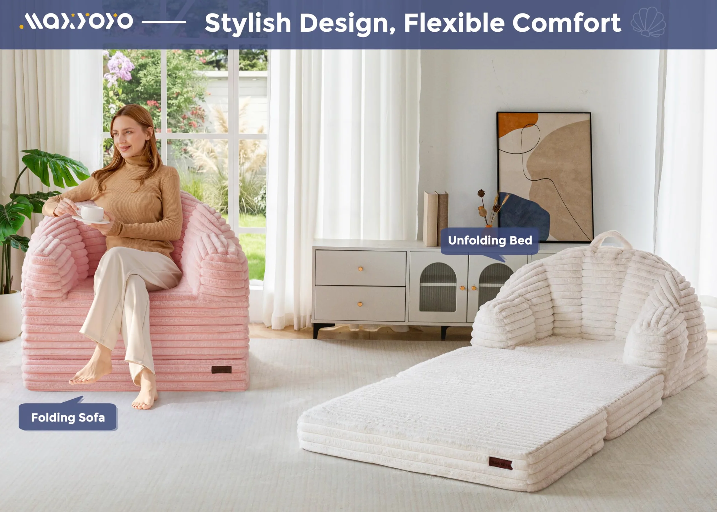 MAXYOYO Folding Sofa Bed Chair, Sleeper Chair for Adults, Faux Fur, Single | 2-in-1 Fold-Out Chair Bed, Convertible Floor Lounger with Carry Handle for Reading or Relaxing , Beige