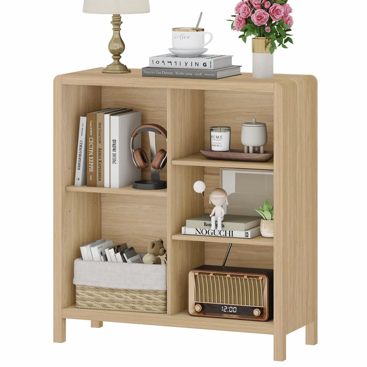 5 Cube Bookshelf, Wood Bookcase with 3 Adjustable Shelves, Modern Cube Storage Organizer Shelf for Home Office (Light Walnut)