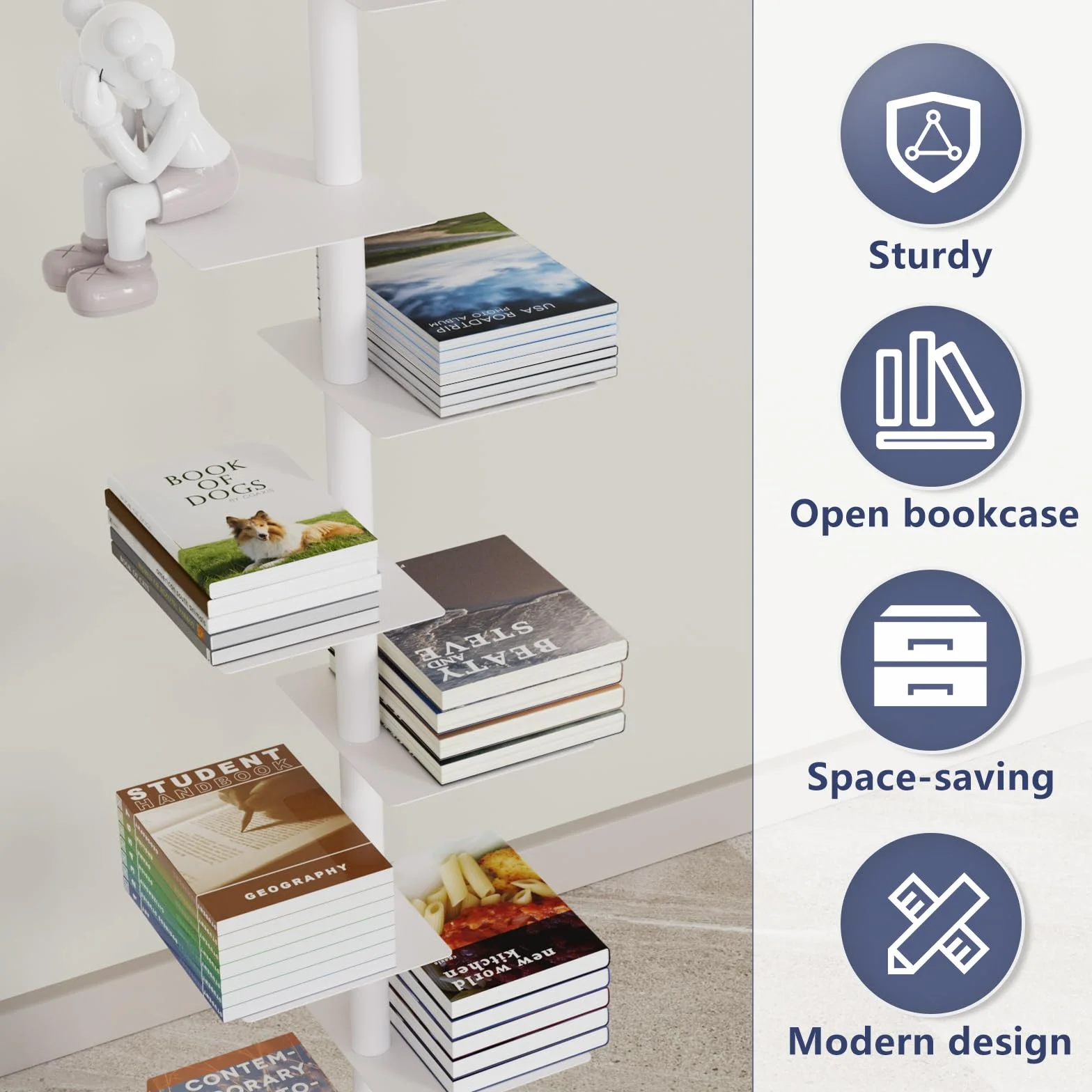 Choowin 9-Shelf Metal Spine Bookshelf Vertical Bookshelf, Adjustable Modern Floating Narrow Tree Book Shelf Book Tower, Display Shelf for Bedroom Living Room Office, 70 inch Tall, White