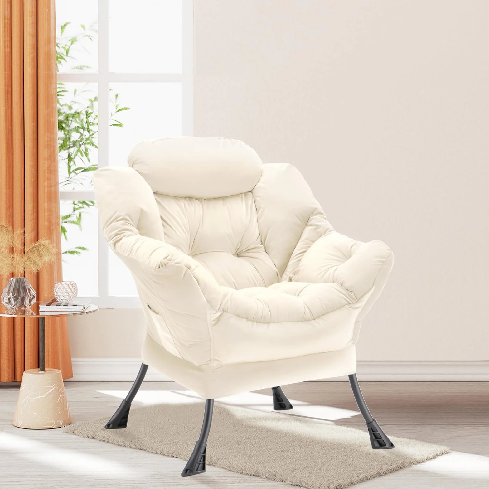 Youtanic Lazy Chair Thick Padded, Comfy Velvet Accent Lounge Chair with Stable Frame, Leisure Sofa Armchair with Armrests and Side Pocket, Reading Chair for Bedroom, Living Room, Office, Beige