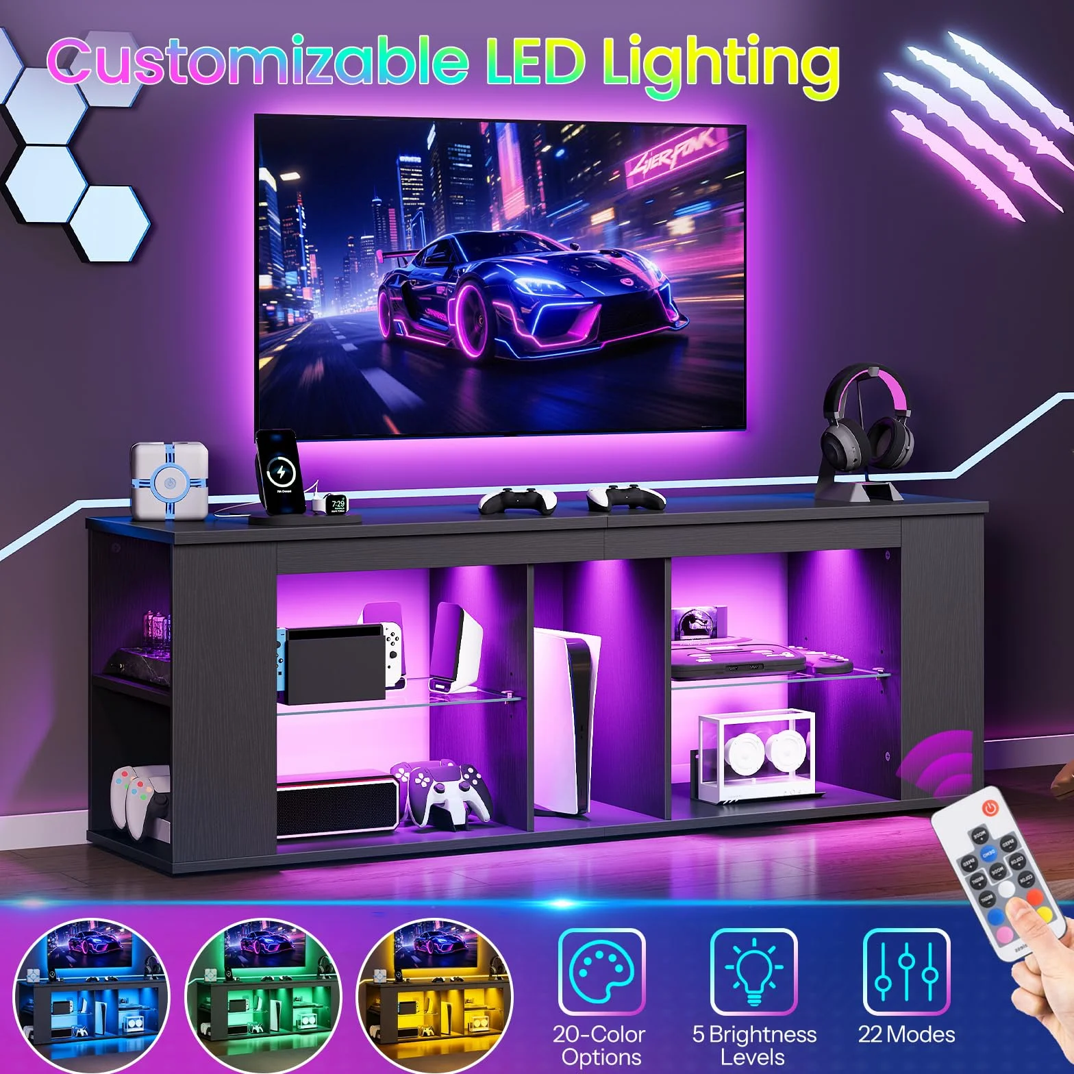 55" TV Stand for up to 65" TVs with RGB LED Lights, Built-in Power Outlet, Adjustable Glass Shelves & Open Storage, Modern Media Console for Living Room & Game Room, Black MDS05UDBB