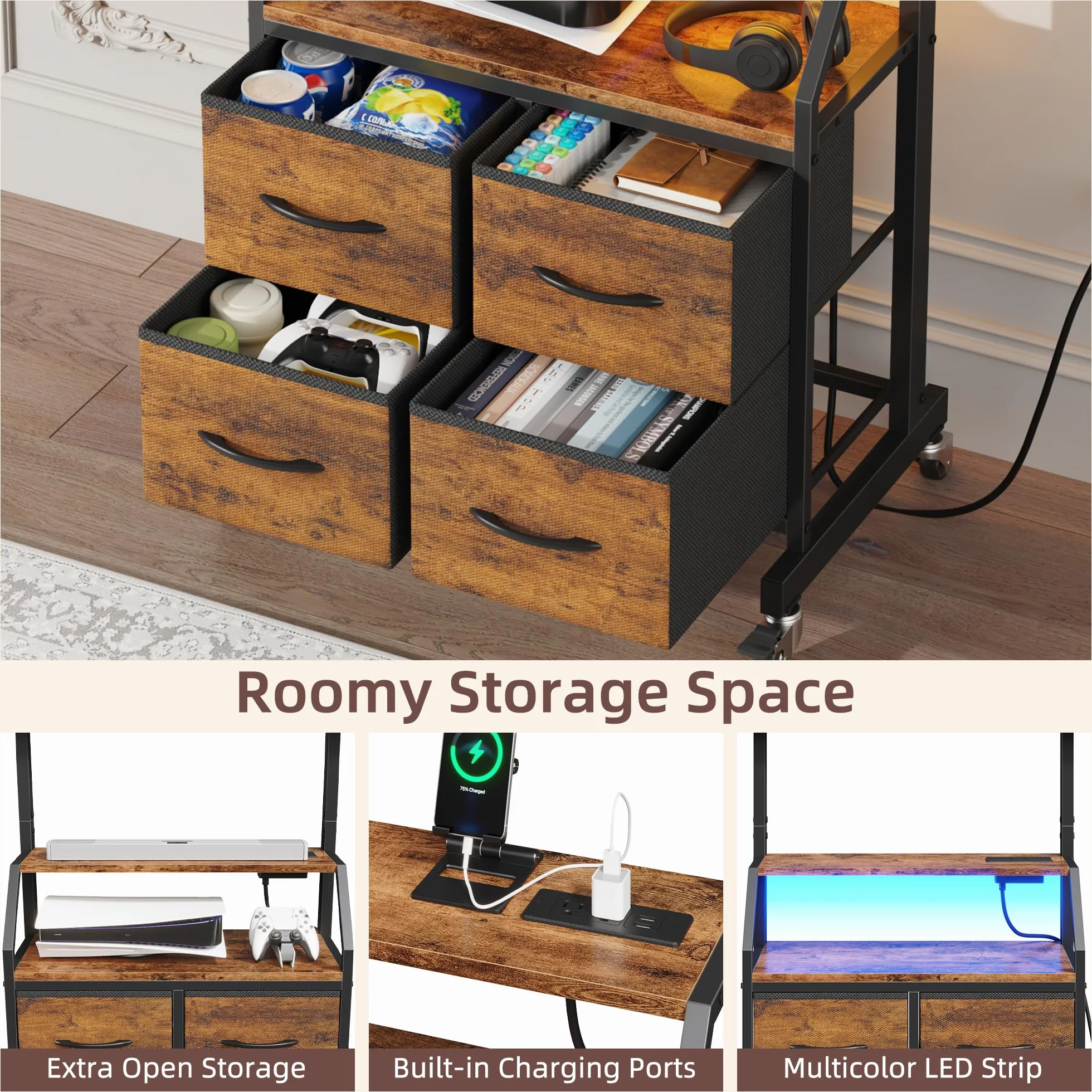 GYIIYUO Rolling TV Stand with Mount & 4 Fabric Drawers for 32-75 inch TVs | Holds up to 145 lbs with lockable rolling wheels, built-in 2 AC outlets and USB charging, great for apartments and bedrooms