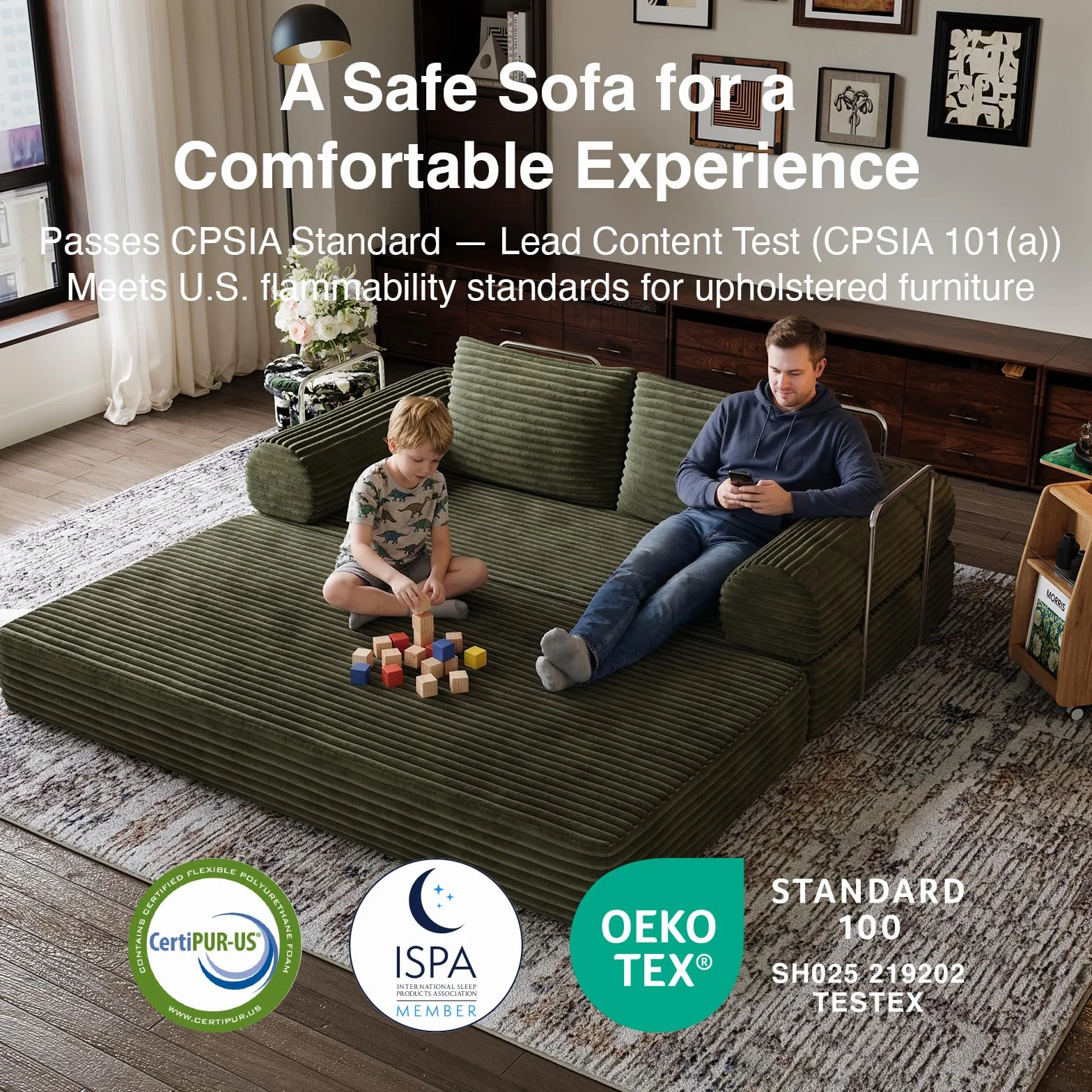 Novilla 75" Convertible Futon Sofa Bed, Boneless Couch with Smarts Coil® Support & High-Density Foam, No Assembly Corduroy Folding Loveseat Floor Sleeper for Living Room, Apartment, Bedroom, Green