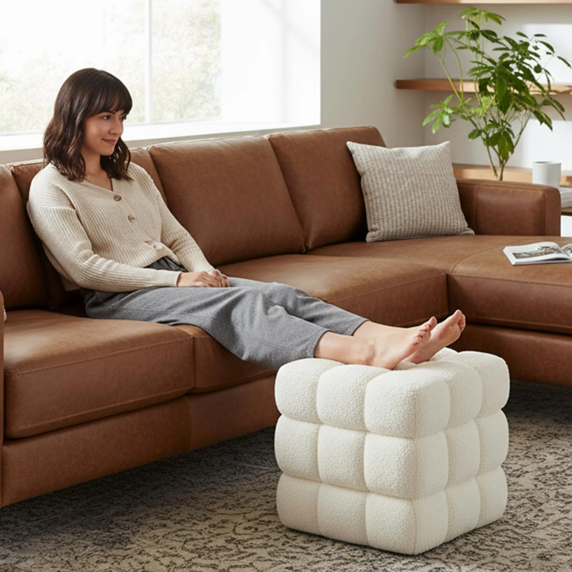 White Sherpa Square Ottoman - 17.3" Large Boucle Cube Pouf with Sturdy Wood Frame, 330lbs Capacity Modern Fuzzy Vanity Stool & Footrest for Living Room, Bedroom - Fully Assembled