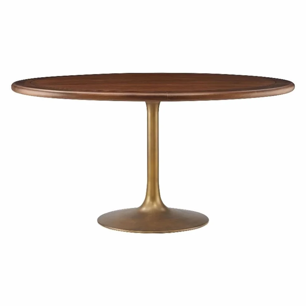Modway Lippa 60 Inch Round Wood Dining Table with Metal Pedestal in Brass Walnut - Modern Industrial Dining Table for 6 People - Solid Wood Tulip Kitchen Table