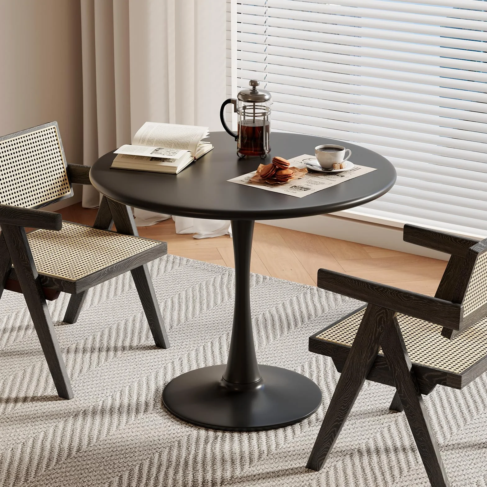 Black Small Tulip Table, 24 Inch Round Dining Table for 2 Person with Pedestal Base for Kitchen, Circle Bistro Table, Mid Century Modern Cafe Tables for Small Spaces in Living Room, Office, Pub, Bar