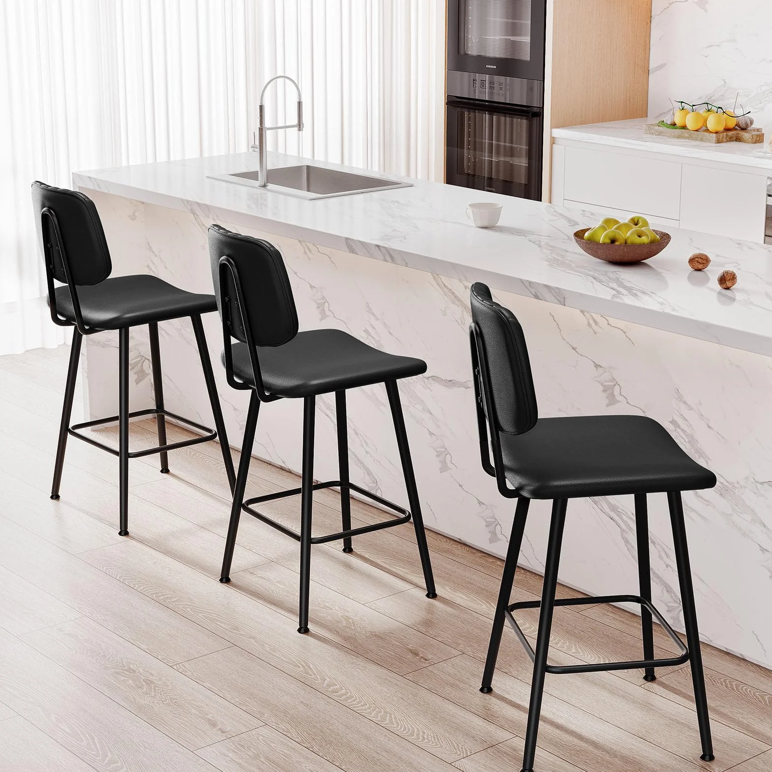 Raynesys 24-Inch Leather Bar Stools Set of 2 with High Backrest, Black | Faux Leather, Counter Height Barstools, Heavy Duty Metal Legs, With Footrest, For Kitchen Island