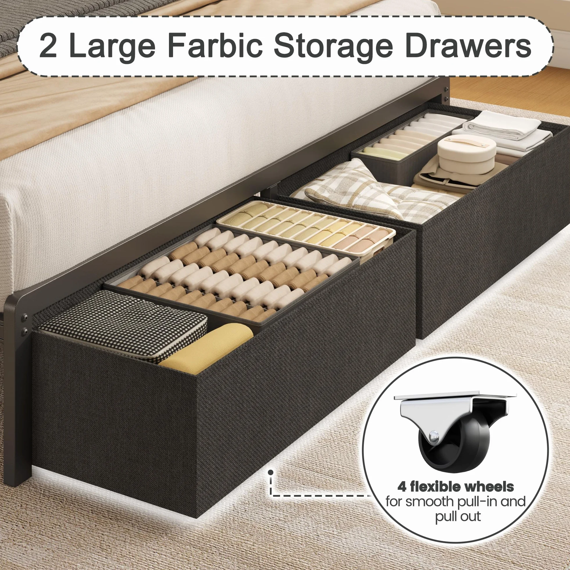 Fluest Queen Bed Frame with 2 Drawers, Upholstered Headboard with Storage and Charging Station, LED Lights, Fabric Drawers with Wheels, Under Bed Storage, No Box Spring Needed, Easy Assembly, Grey