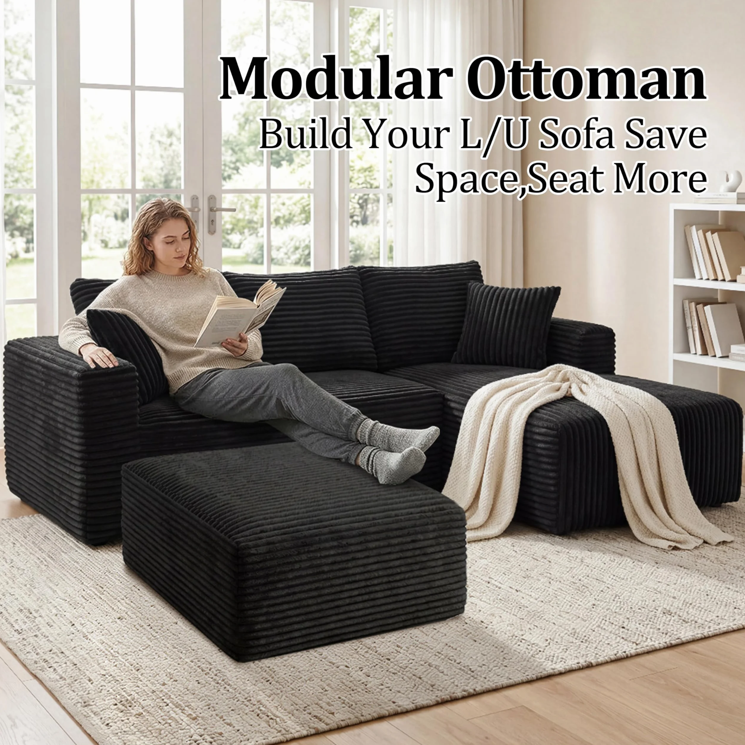 Corduroy Ottoman, Modern Boneless Cloud Foot Rest Foam Support, Oversized Modular Sectional Sofa Stool for Living Room, Bedroom & Small Spaces, No Assembly Required (Black, Ottoman)