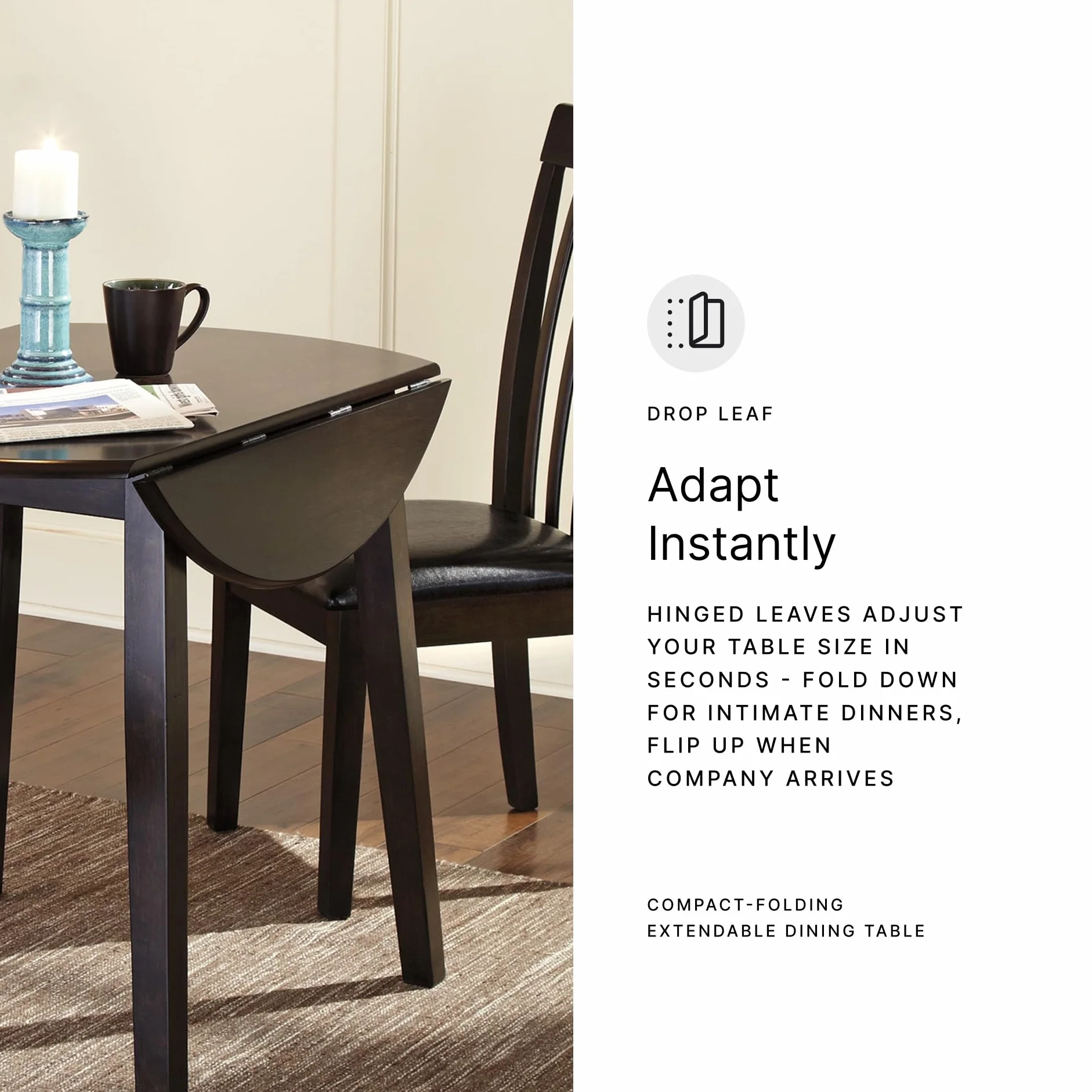 Signature Design by Ashley Small Round Drop Leaf Dining Table, Brown | Dual-hinged 36-inch extendable top for compact spaces, Made of veneers, wood and engineered wood, Hammis Series