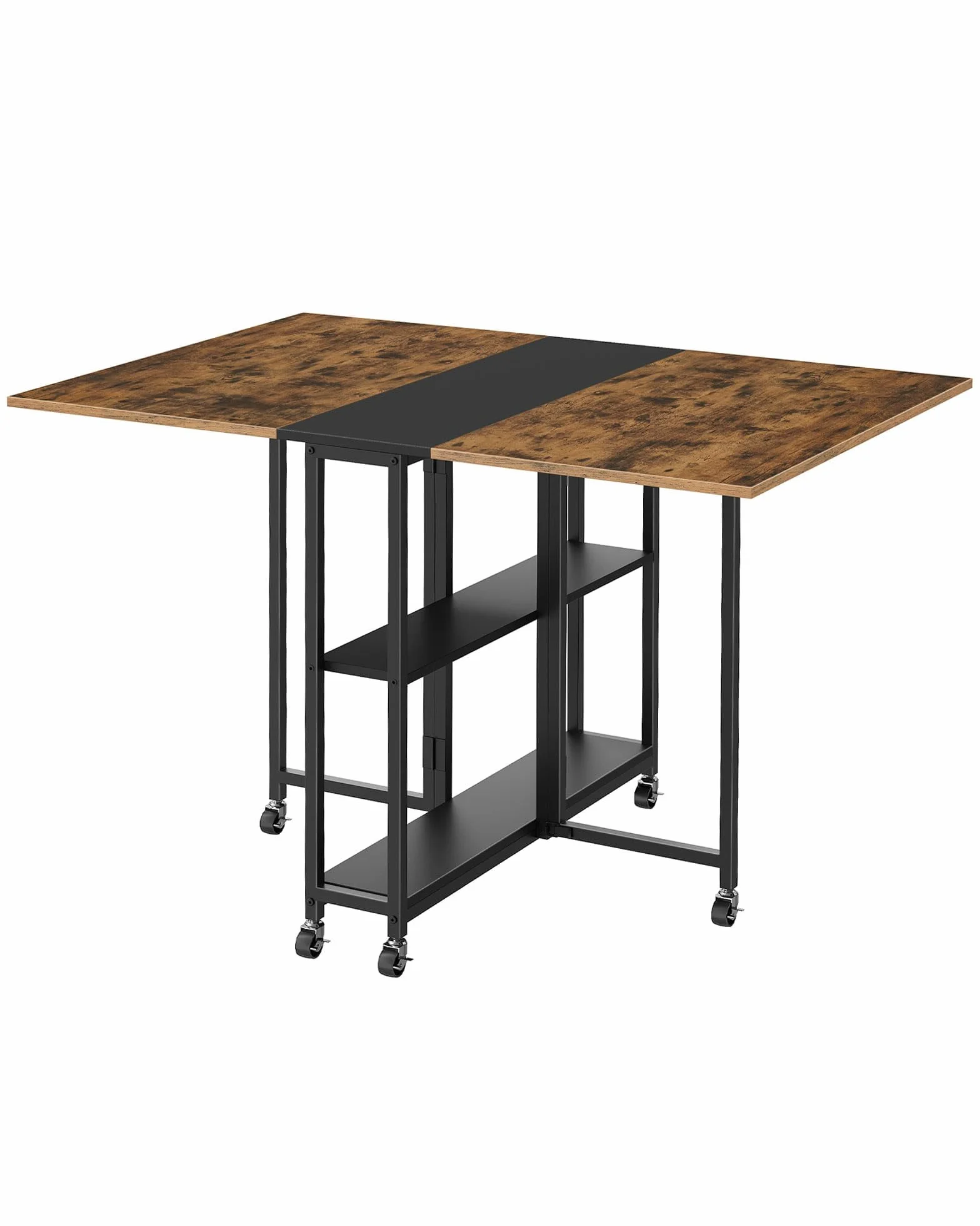 Folding Dining Table, Movable Dining Table, Expandable Kitchen Table, Versatile Table with 6 Wheels and 2-Tier Shelf, for Dining, Living Room, Apartment, Rustic Brown TCZ01BF