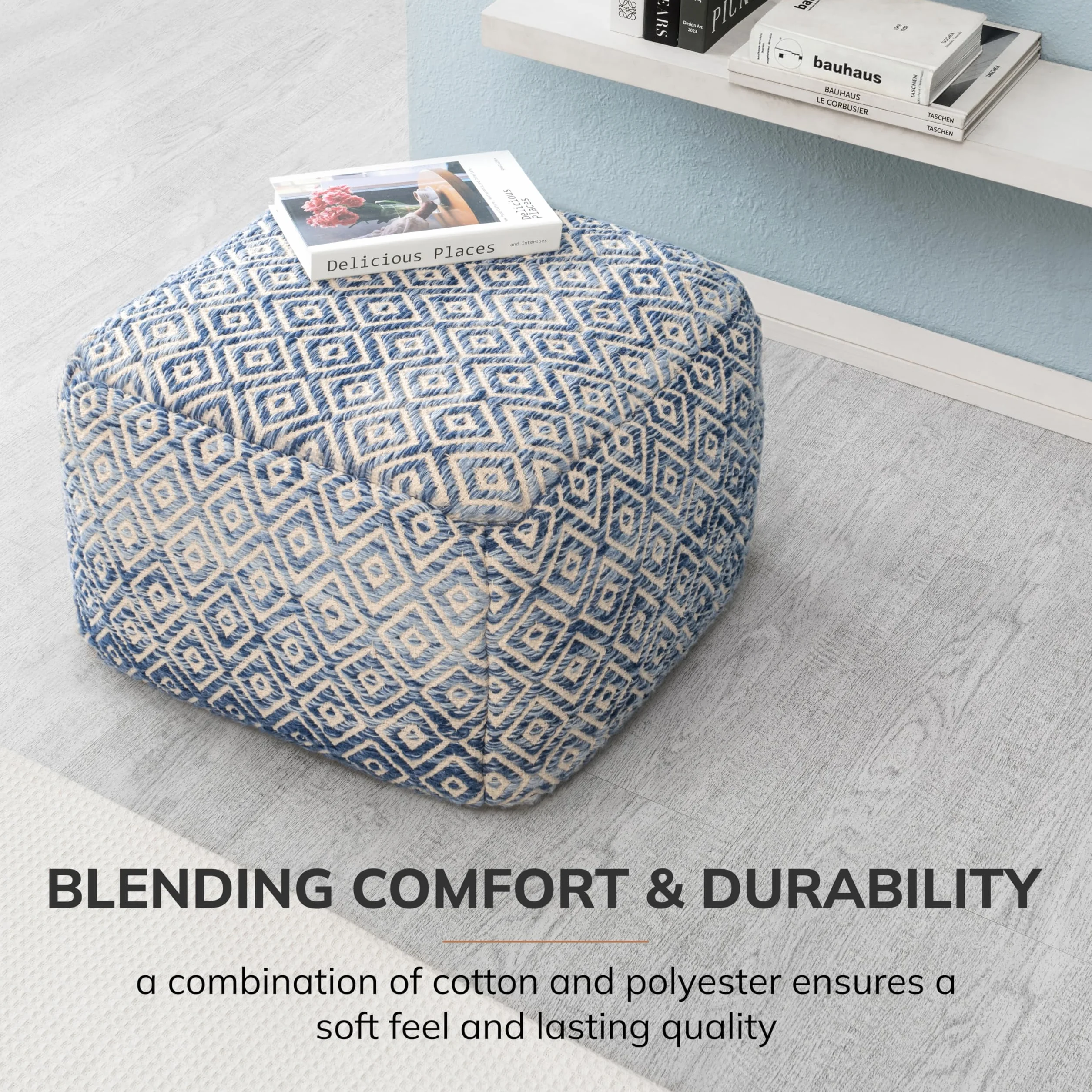 Anji Mountain Pouf Ottoman Foot Rest, Handmade Ottoman Pouf, Comfortable Foot Stool, Decorative Floor Seating for Living Room Decor, Bedroom & Home Décor Accent - Marine