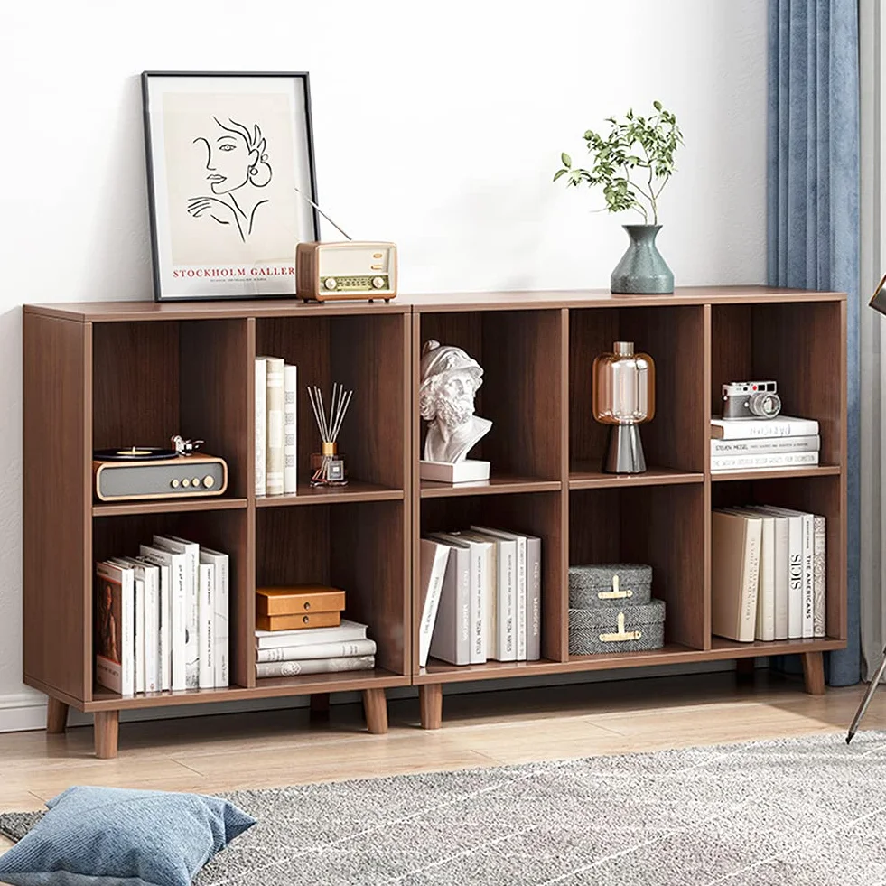 IOTXY Open Cubes Low Bookcase - 2-Tier 4-Cube Short Bookshelf in Walnut | Nordic Minimalist Style, MDF Material, Solid Wood Legs, Deep Storage Cubes, Free Standing Wooden Cabinet Organizer Unit