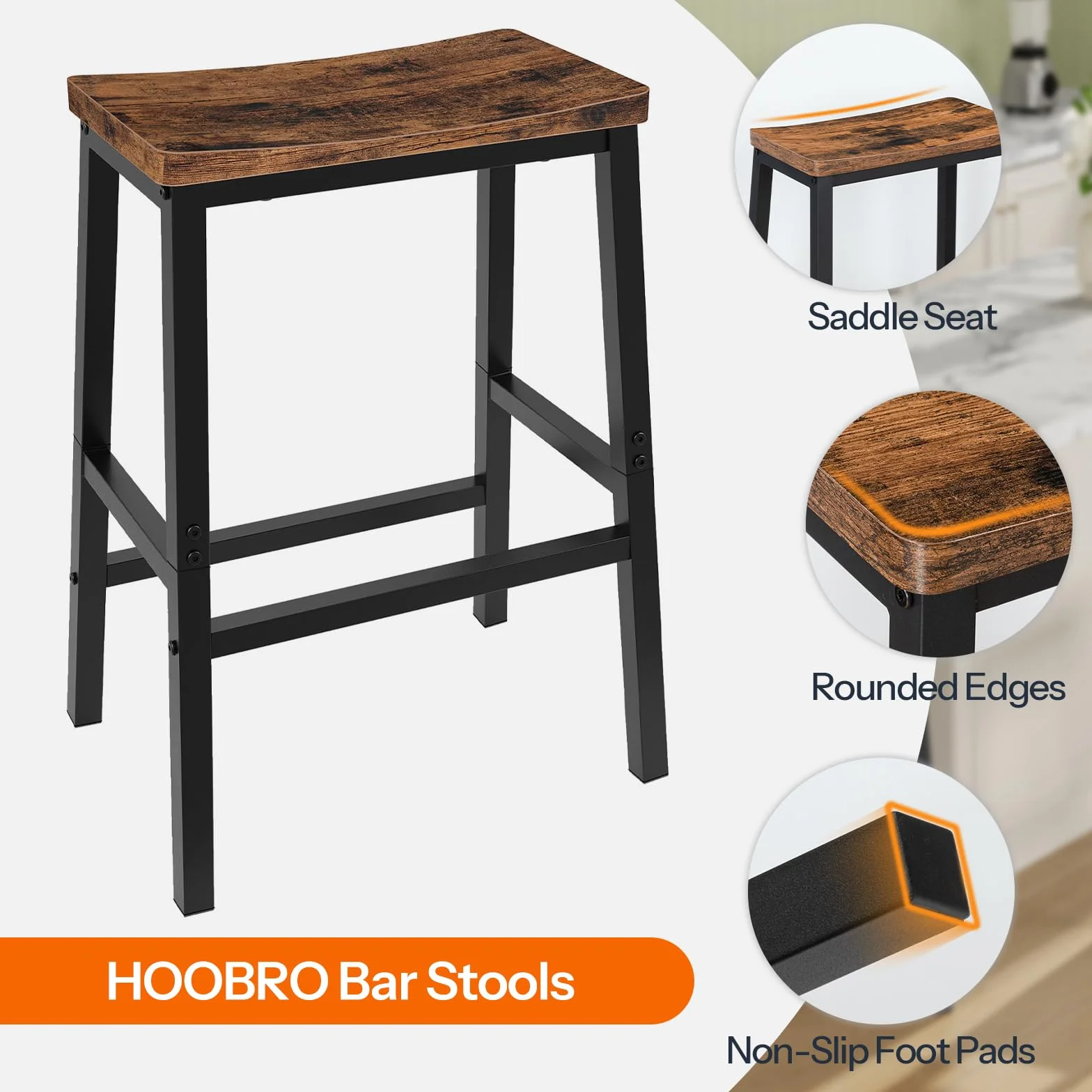 HOOBRO Bar Stools Set of 4, Counter Height Bar Stools, 23.6'' Bar Chairs, Saddle Stools with Footrests, Industrial Barstools for Dining Room, Kitchen, Bar, Rustic Brown and Black BF02MDP401