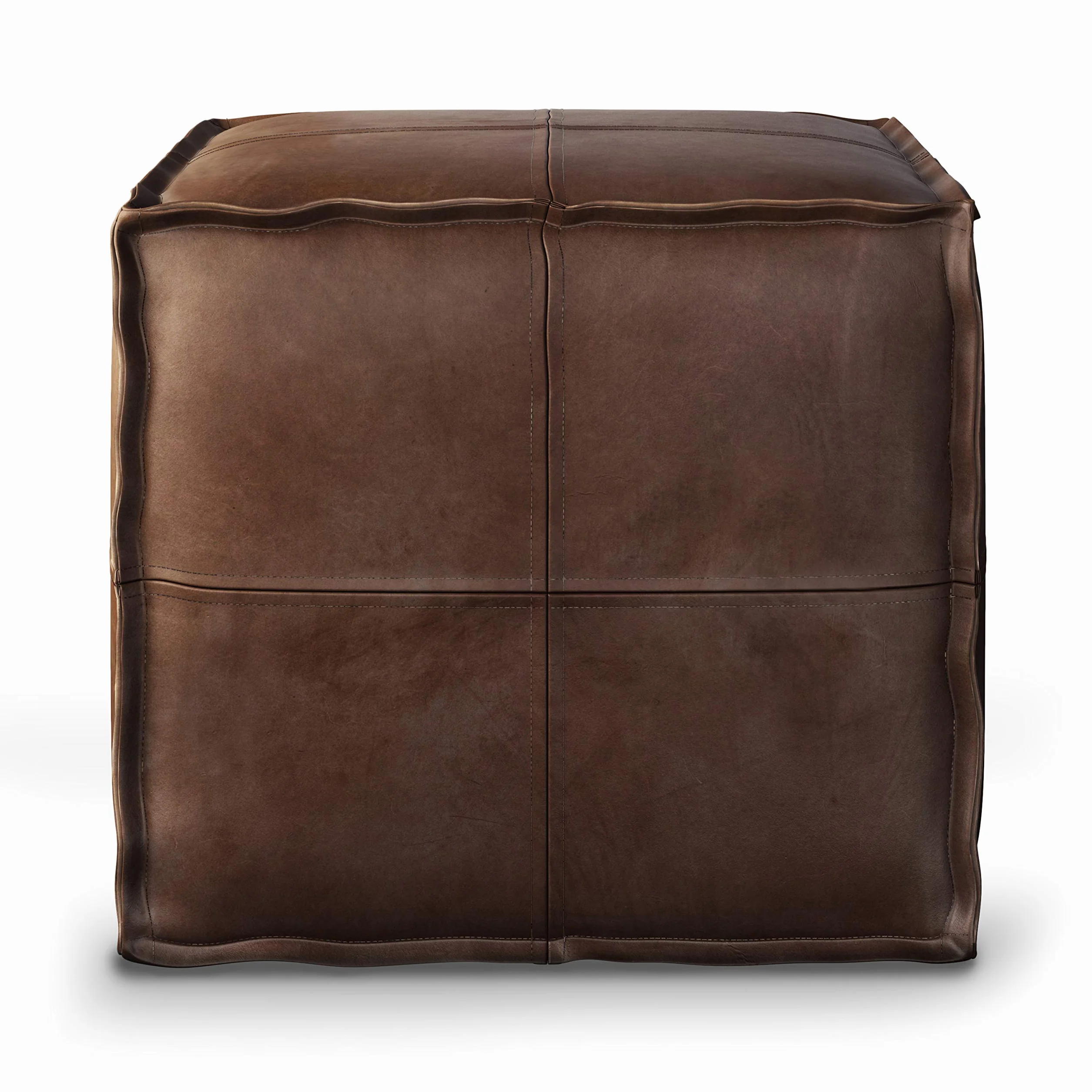 SIMPLIHOME Brody 24" Wide Pouf in Distressed Camel Brown Faux Leather