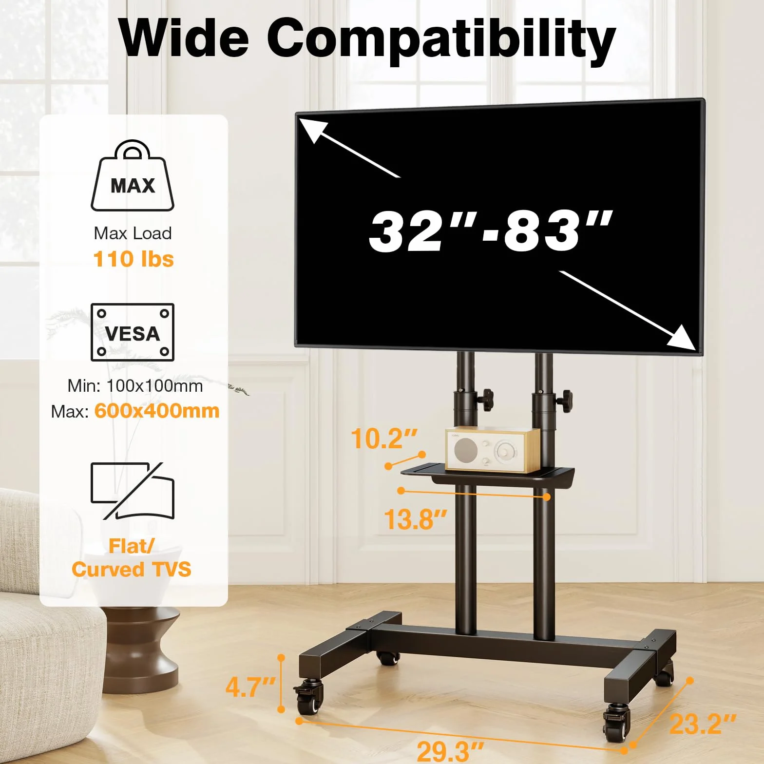 TAVR Mobile TV Stand Rolling TV Cart Floor Stand with Mount for 32-83 Inch | Height Adjustable TV Stand on Lockable Wheels Loading 110 lbs