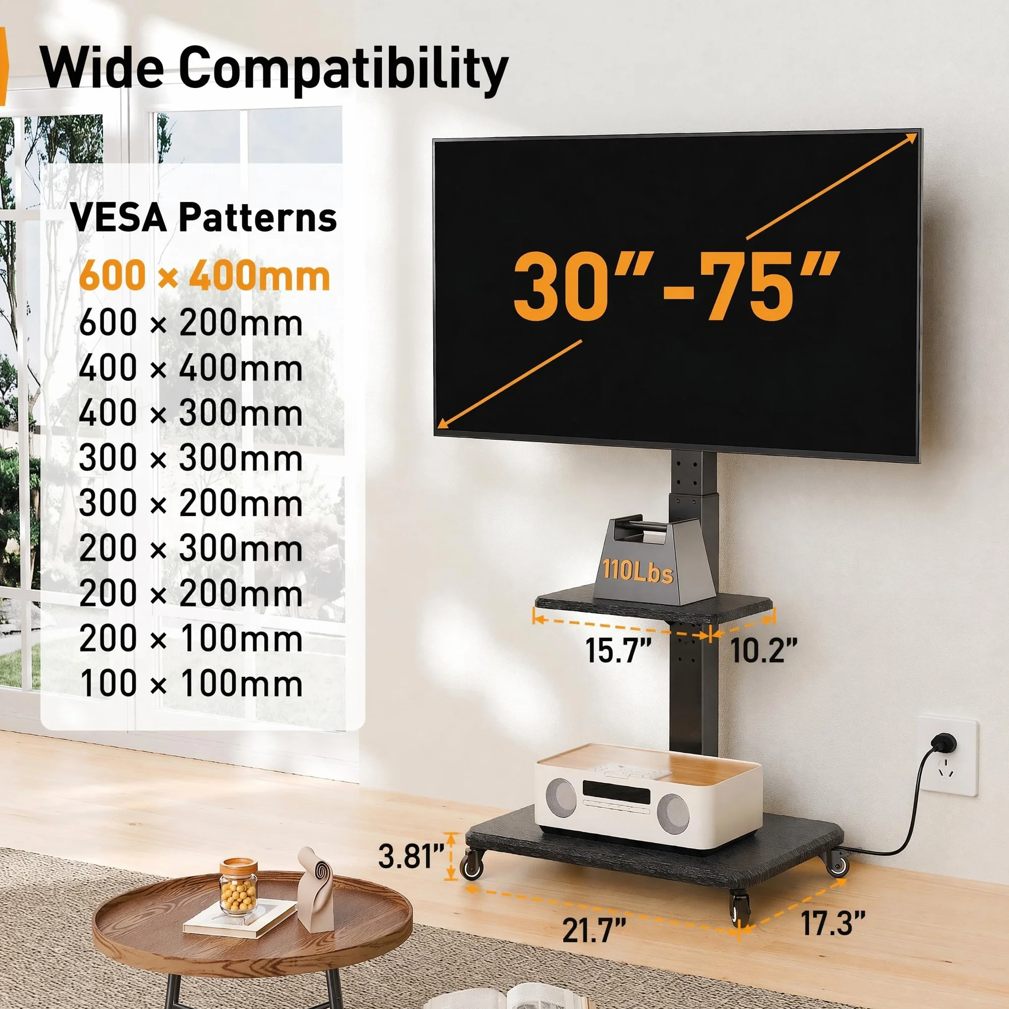 Perlegear Mobile TV Stand with Power Outlet, Tilt & Swivel Rolling TV Stand for 32-75 inches TVs up to 110 lbs, 12 Height Adjustable Rolling TV Cart with Wheels, Max VESA 600x400mm, PGTVMC17