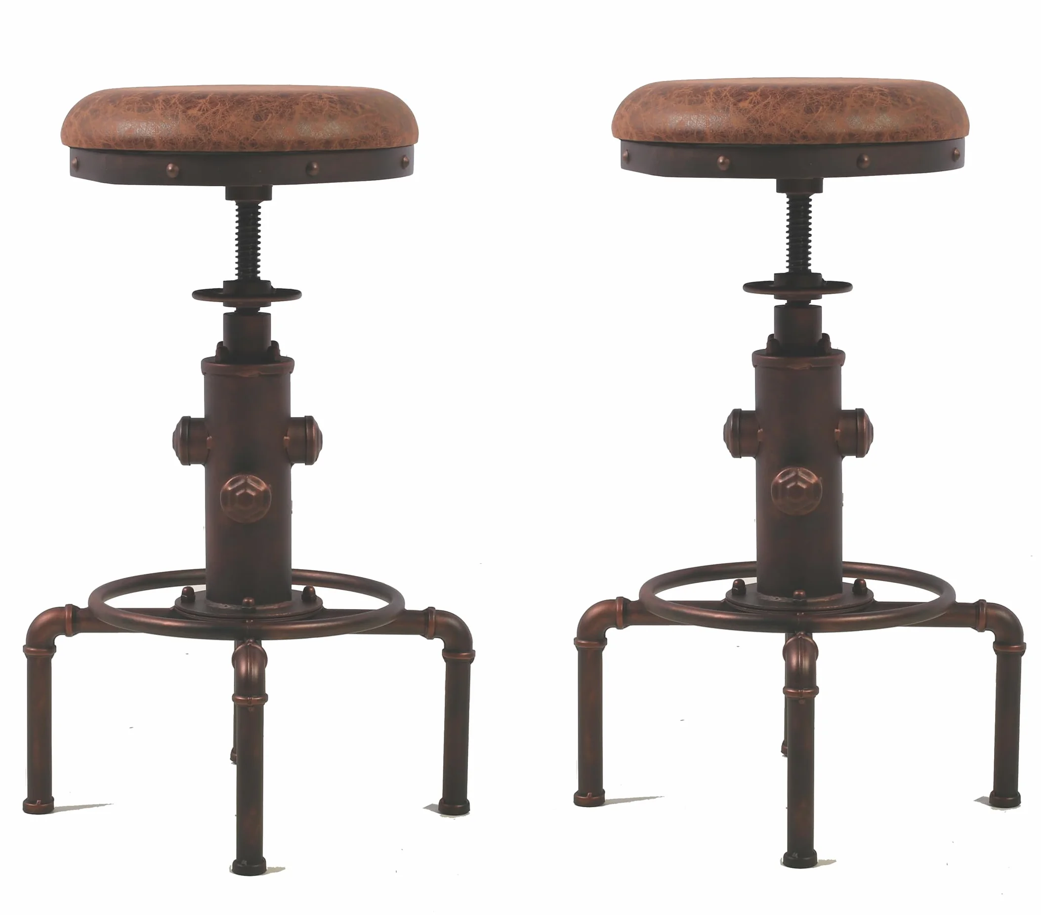 Topower Antique Vintage Industrial Barstool PU Leather Water Pipe Fire Hydrant Design Cafe Coffee Industrial Bar Stool Set of 2 Red Bronze