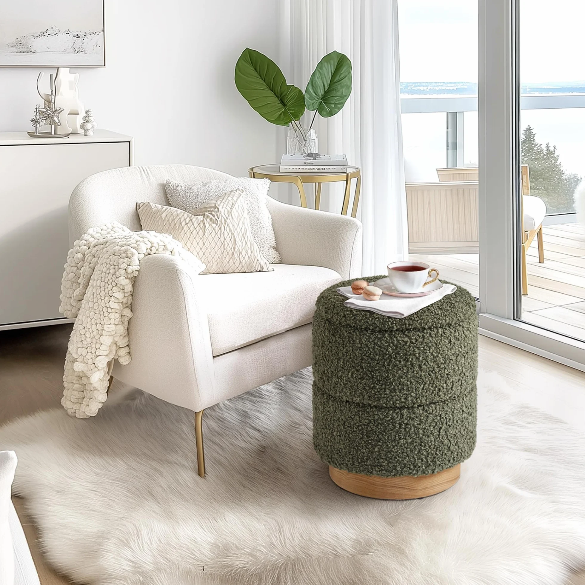 Round Ottoman with Storage, Modern Boucle Ottoman Upholstered Foot Stool with Wood Base, Vanity Stool Chair, Footrest Extra Seat for Living Room Bedroom Entryway (Olive Green)