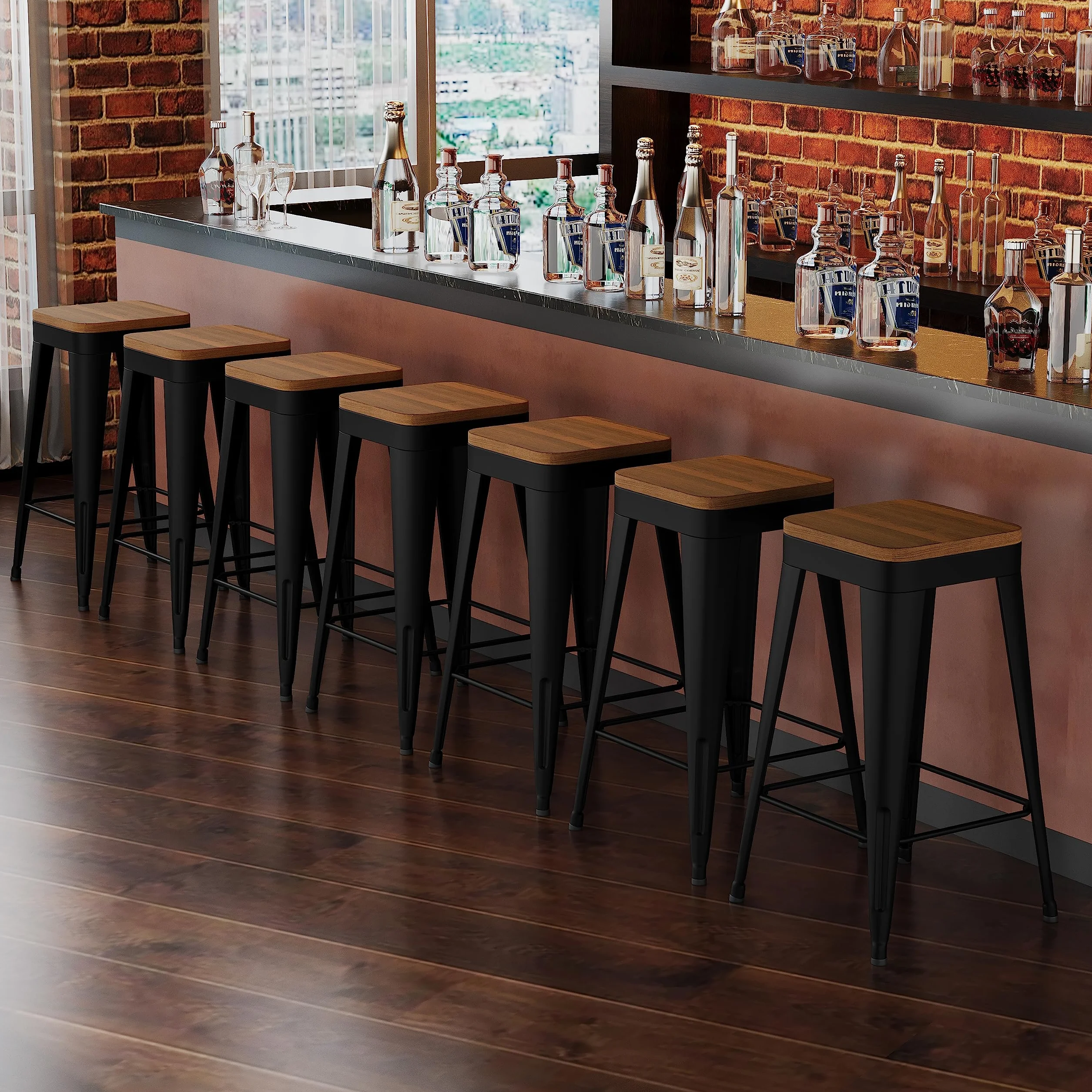 Bar Stools Set of 4 Metal Bar Stool Counter Height Bar Stools Black, Modern 24" Bar Chairs Without Back,Wooden Seat Bar Stool Counter Height