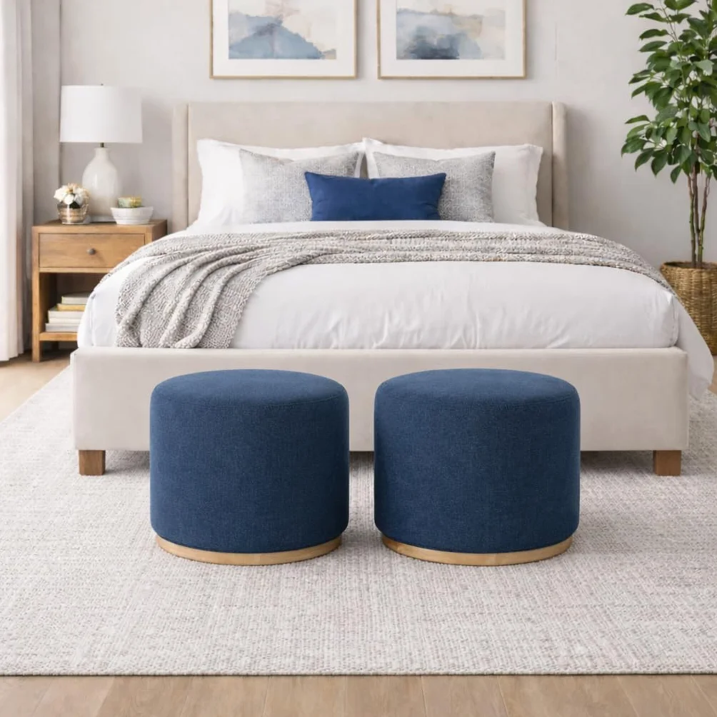 Spatial Order 22" Round Ottoman with Wooden Base - Blue Woven Fabric