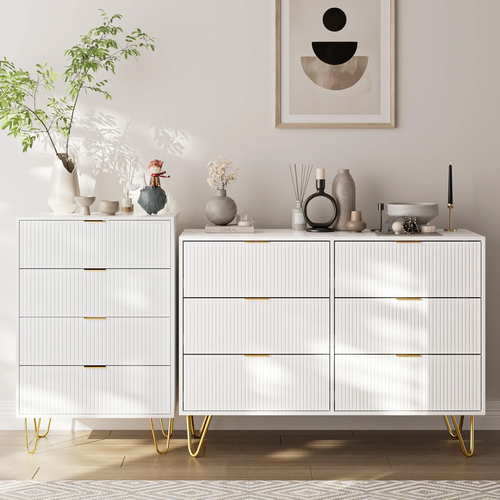 Masupu 4 Drawer Dresser, Drawer Chest, Tall Storage Chest Cabinet Organizer Unit with Metal Legs, Small Dresser for Bedroom, Living Room, Closet, Hallway White Stripe