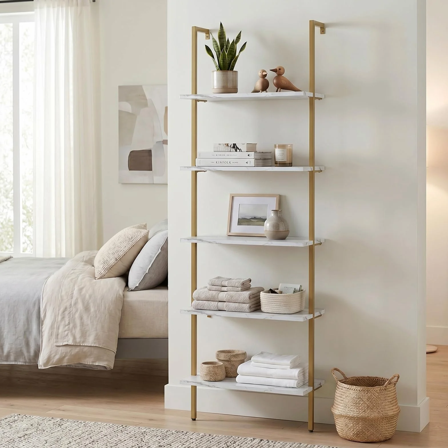 Wolawu Ladder Shelf 5 Tiers Wall Mounted Bookshelf 2-Piece White Marble Modern Bookshelf Open Tall Storage Bookcase Standing Leaning Wall Shelves Industrial Decorative for Home Office Living Room