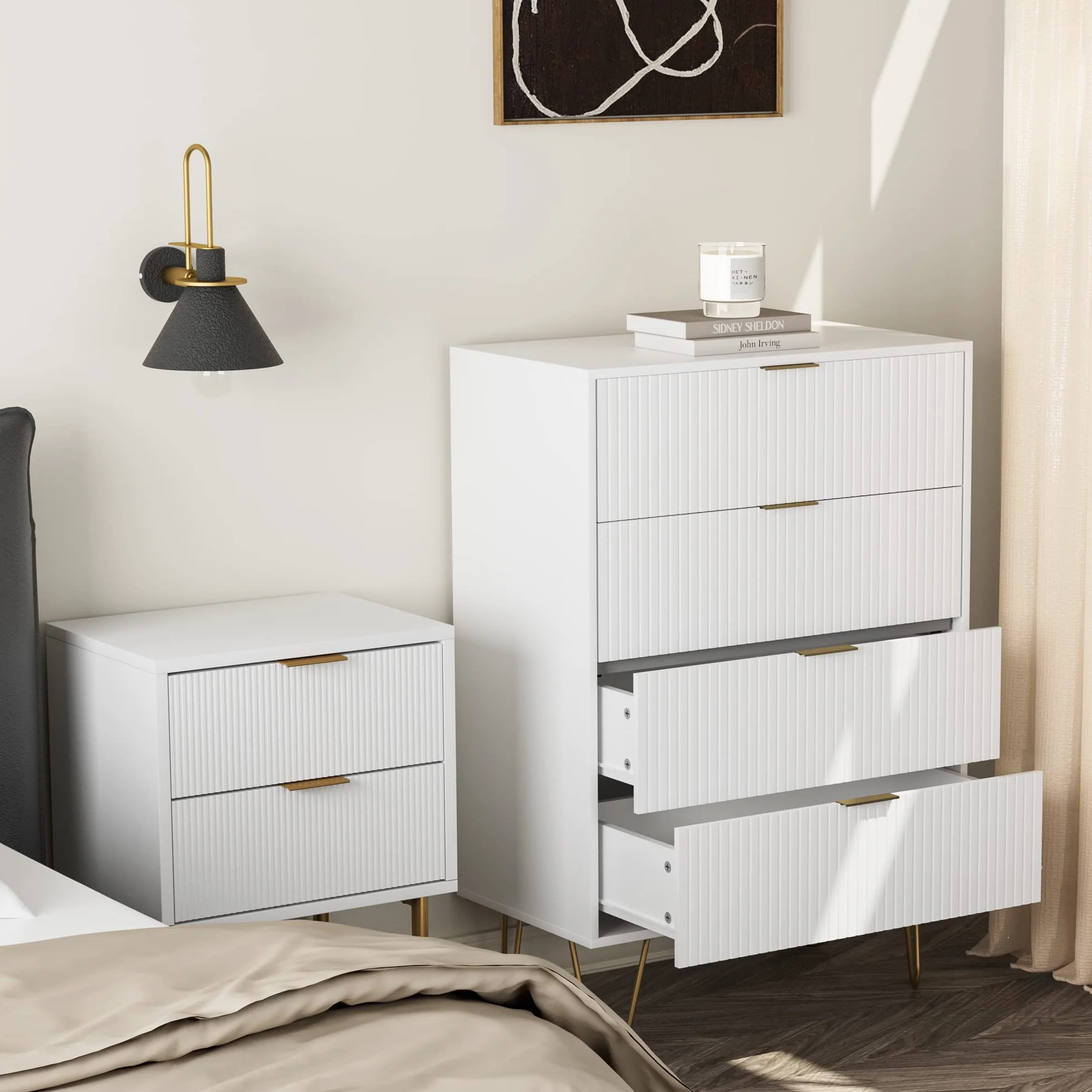 Masupu 4 Drawer Dresser, Drawer Chest, Tall Storage Chest Cabinet Organizer Unit with Metal Legs, Small Dresser for Bedroom, Living Room, Closet, Hallway White Stripe