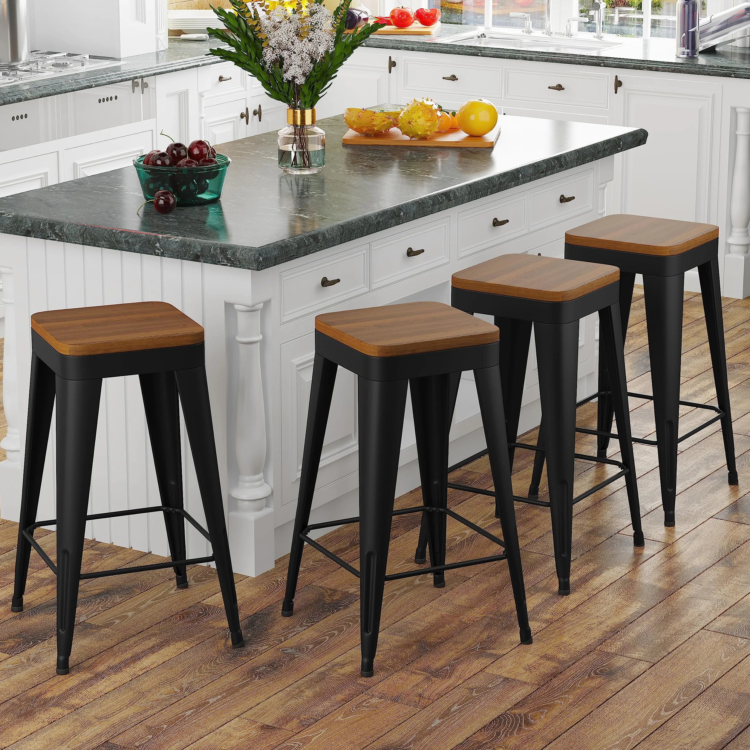 Bar Stools Set of 4 Metal Bar Stool Counter Height Bar Stools Black, Modern 24" Bar Chairs Without Back,Wooden Seat Bar Stool Counter Height