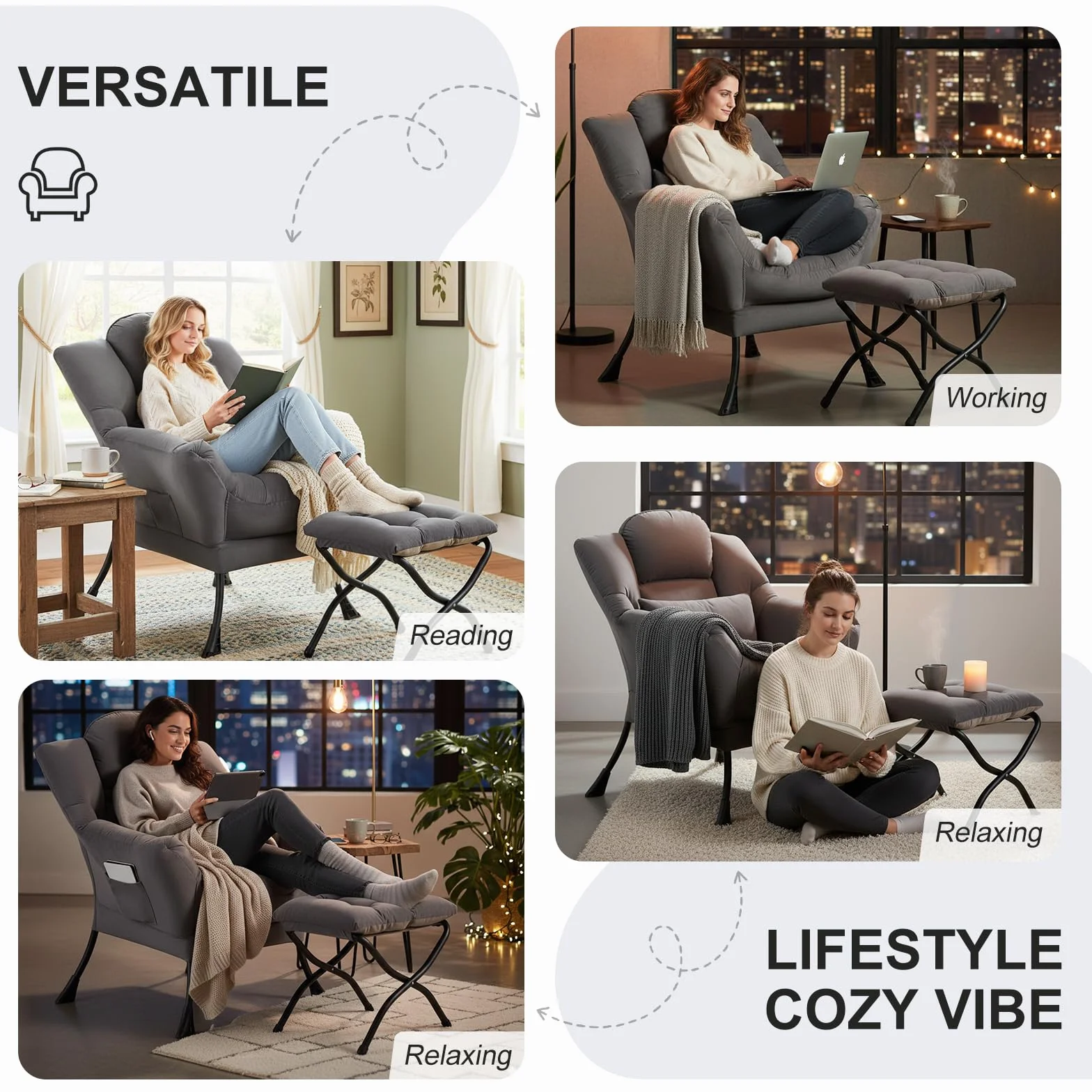 Furlide Lazy Chair with Ottoman, Comfy Fabric Accent Lounge Arm Chair with Lumbar Pillow and Folding Footrest, Reading Leisure Sofa Armchair for Bedroom, Living Room, Dorm,Dark Grey | Comfy Accent Lounge Chair with Pillow & folding Foot Stool, sturdy meta