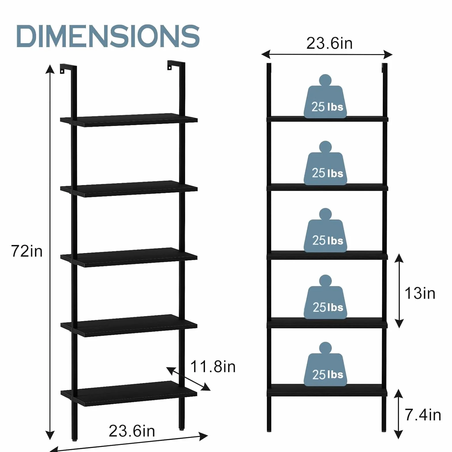 aboxoo Ladder Shelf 2PCS Open Bookshelf 5-Tier Wood Wall-Mounted Black Bookcase Storage Rack Open Industrial Modern Plant Stand Utility Organizer Bookcase Metal Frame Furniture Office Kitchen Bedroom