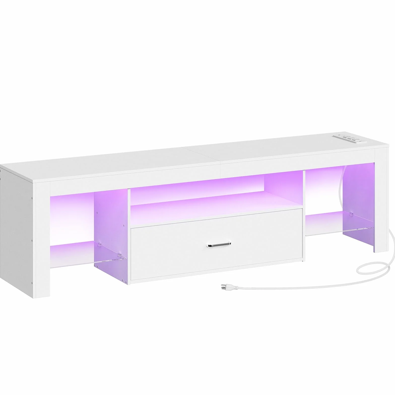 HOOBRO LED TV Stand with Power Outlets to 65 inch TV, Gaming Entertainment Center with Glass Shelves and Large Drawer, Modern Media TV Console Table for Living Room Bedroom, White WT14UDDS01