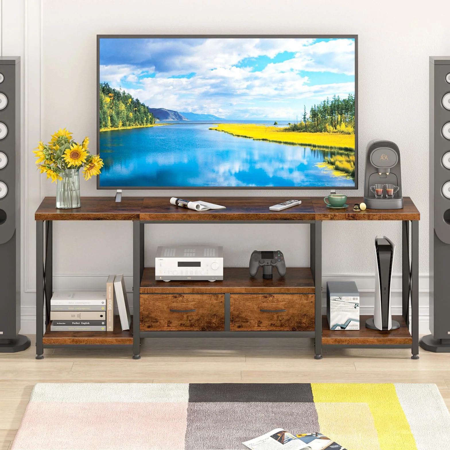 GYIIYUO TV Stand with Fabric Drawer - Entertainment Center and Industrial TV Console Table with Open Storage Shelves for Living Room, Bedroom - 55.1" Rustic Brown