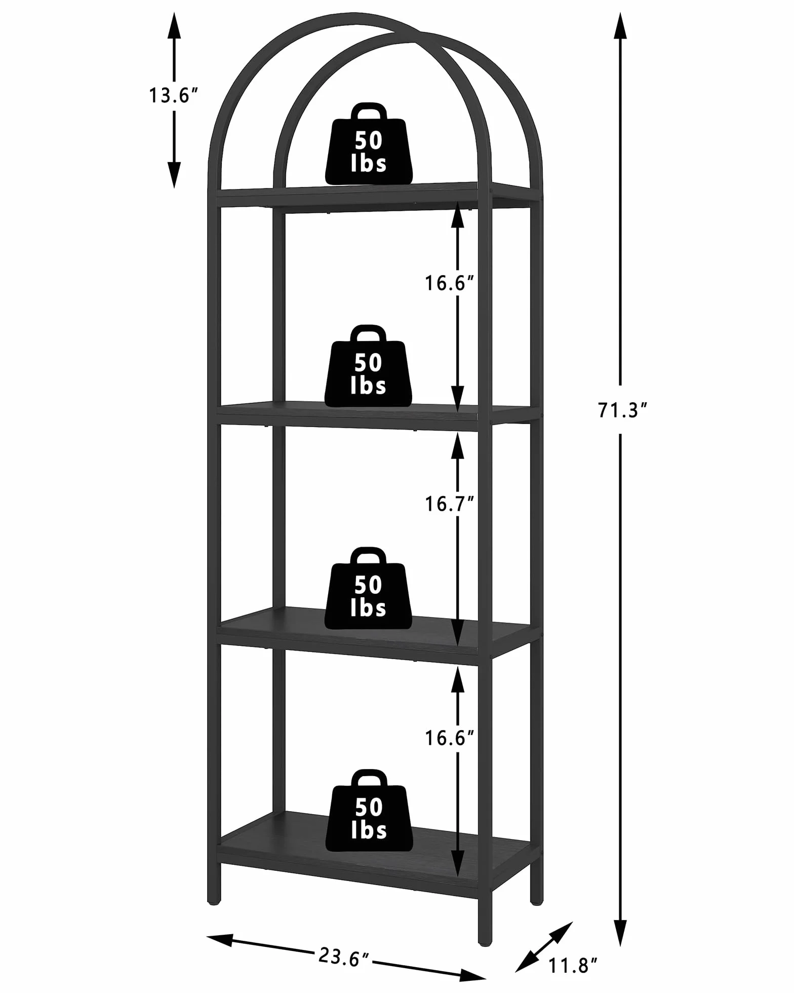 Yusong Bookshelf 4 Tier Arched Bookcase, 71.3" Tall Industrial Open Book Shelves for Living Room, Modern Freestanding Display Shelving Unit Storage Rack with Metal Frame, Office, Bedroom, Black