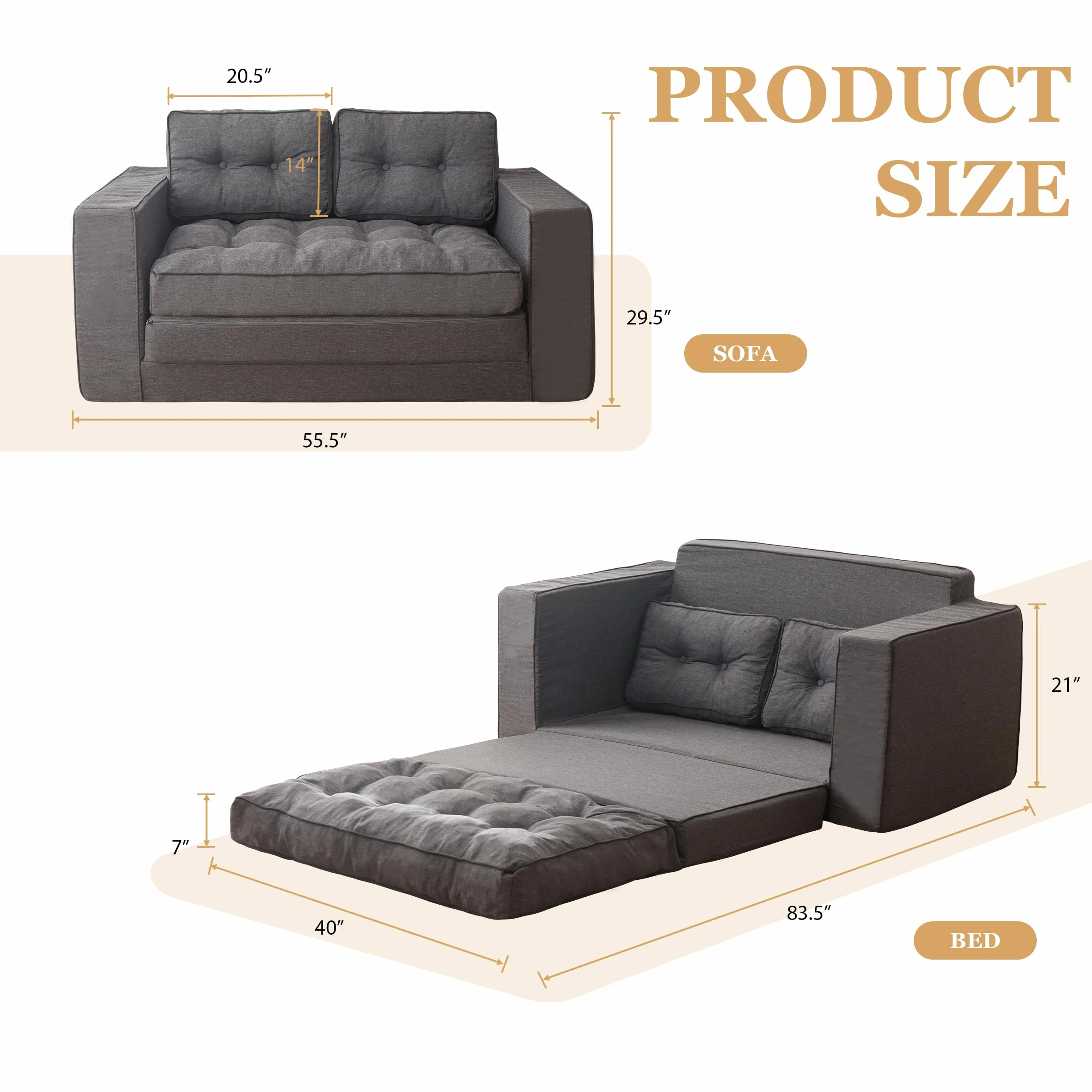 Loveseat Sleeper Sofa,55" Convertible Sofa Bed Couch Futon Couches for Living Room,3-in-1 Pull Out Floor Couch with Reclining Backrest and Pillows