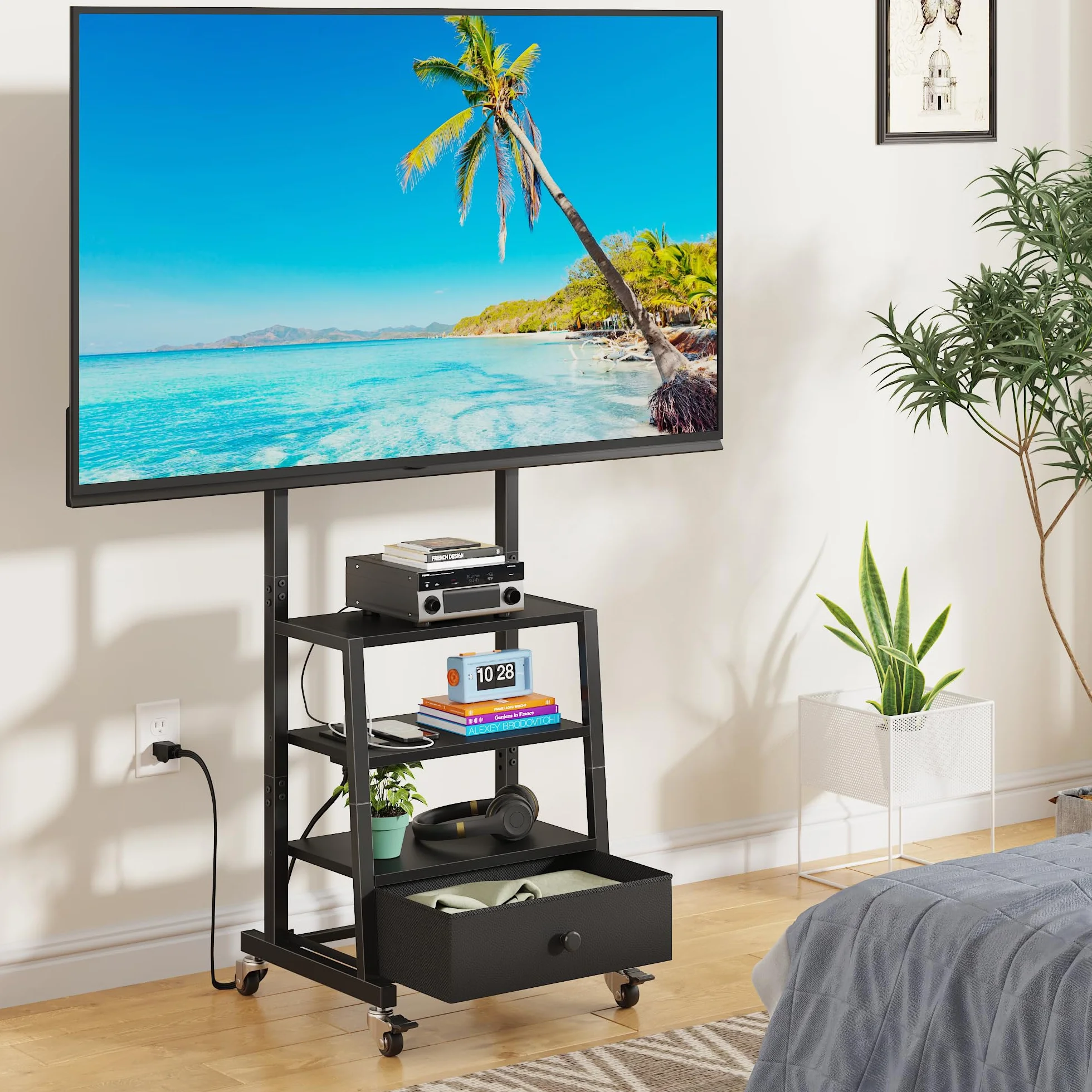 AFLUI Rolling TV Stand with Wheels and Mount & Fabric Drawer - Entertainment Center with Power Outlet and Small TV Stand for Bedroom, Living Room - 15" Black