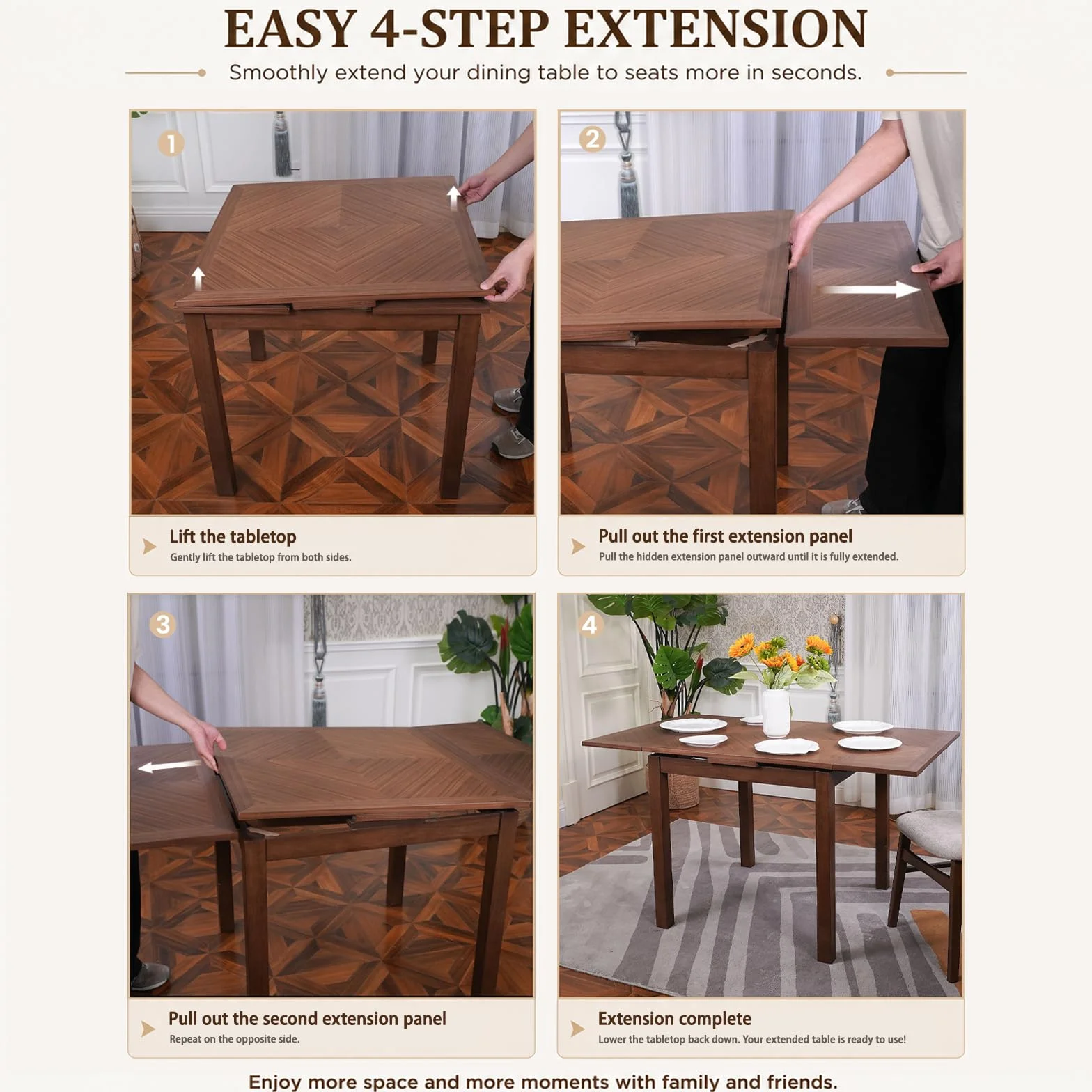 Small Dining Table for 4, Extendable Dining Table, Space-Saving Design, Ideal for Compact Dining Space and Expands for Larger Dining Areas