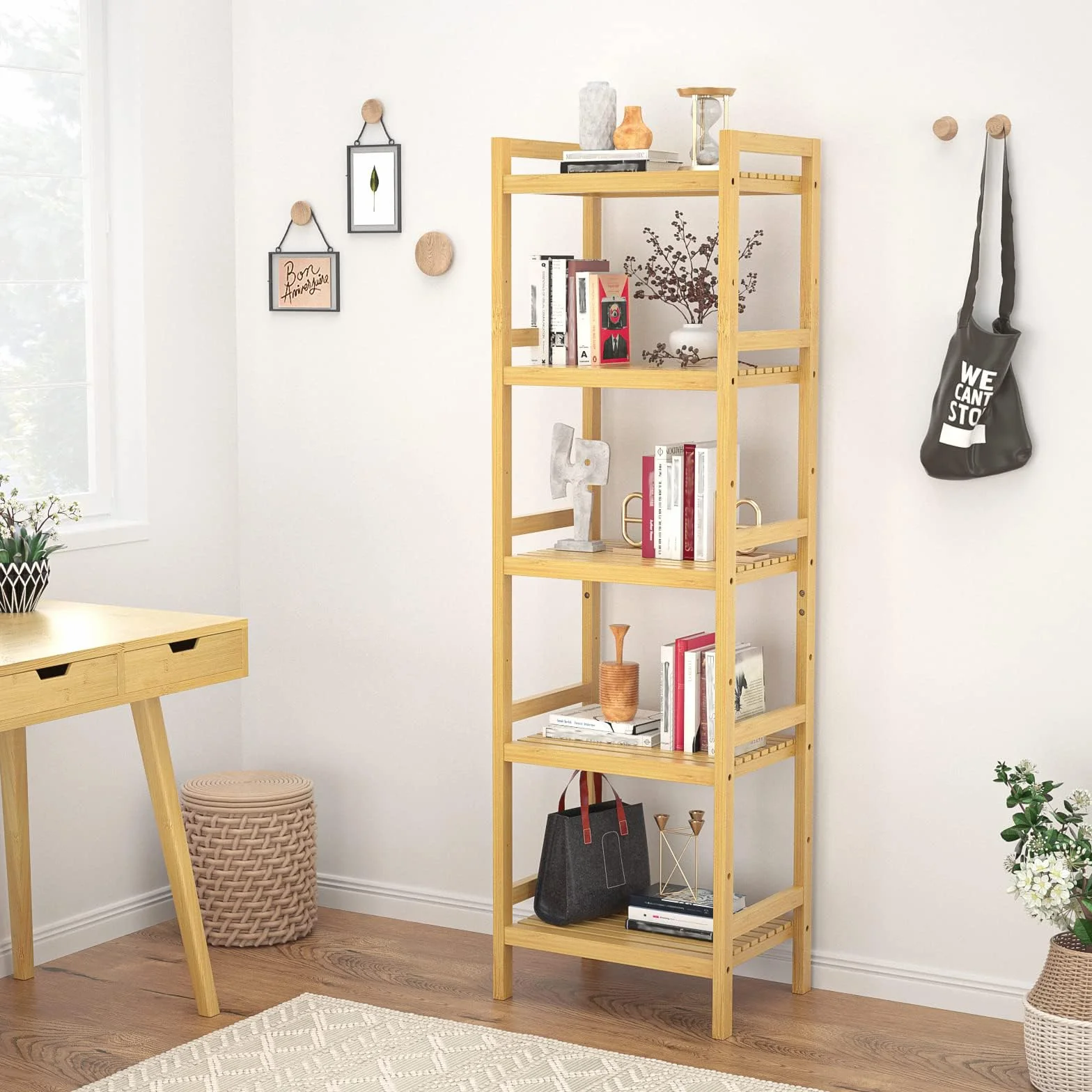 Bamboo Bookshelf, 5-Tier Narrow 55.9” Adjustable Book Shelf Bookcase Bathroom Shelves Freestanding Storage Stand for Living Room, Bedroom, Kitchen, Rust Resistance, Easy Assembly, Natural