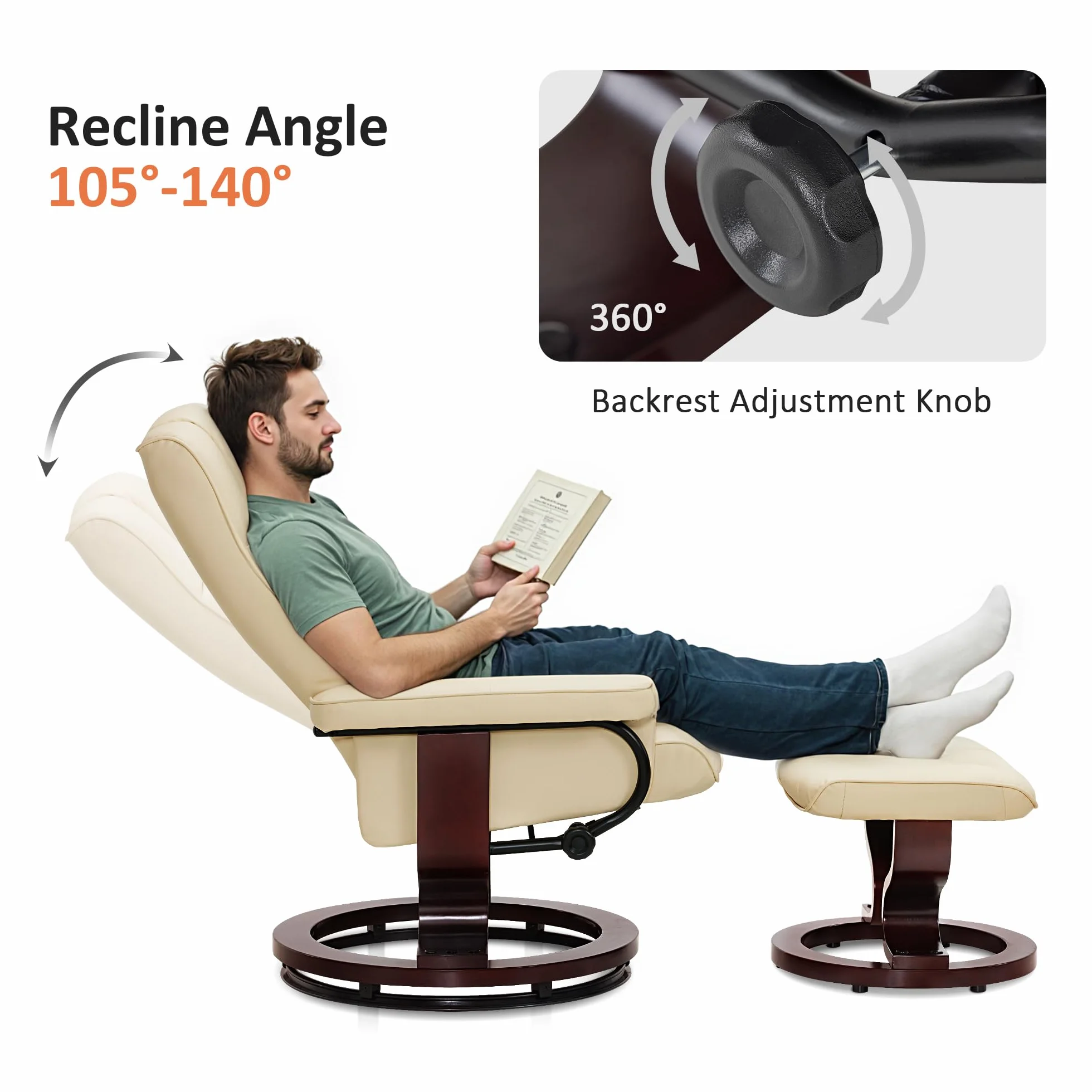 MCombo Manual Swivel Recliner with Ottoman, Chair Ottoman Set for RV Small Spaces, Living Room, Bedroom, Office 9019 4919 (Faux Leather, Cream White)