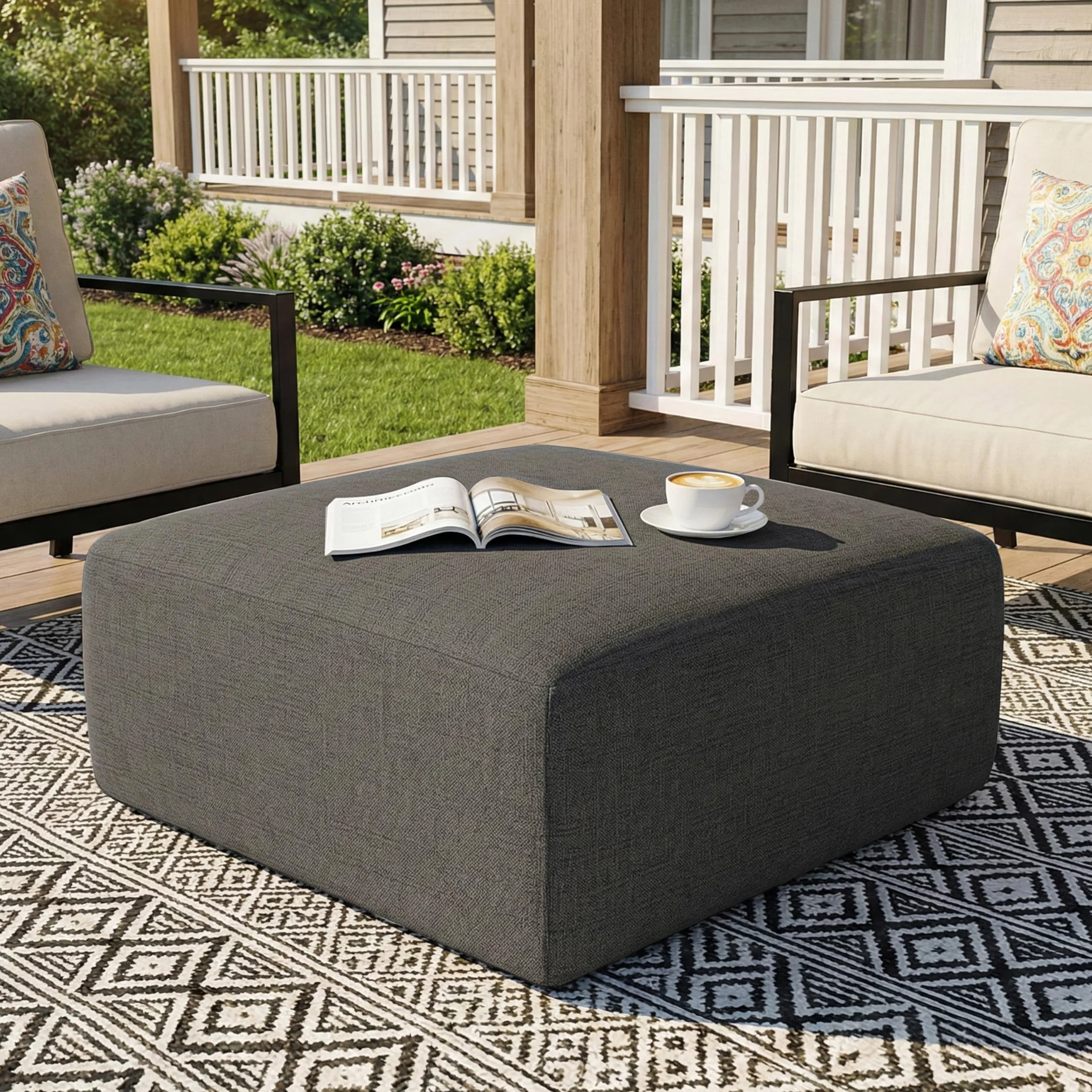 Square Outdoor Ottoman Pouf, 24" Waterproof Patio Foot Rest, Dark Gray | Ottoman Foot Rest, Comfy Footstool, Boneless Ottoman, Solid High-Density Foam, Outside Couch & Seating