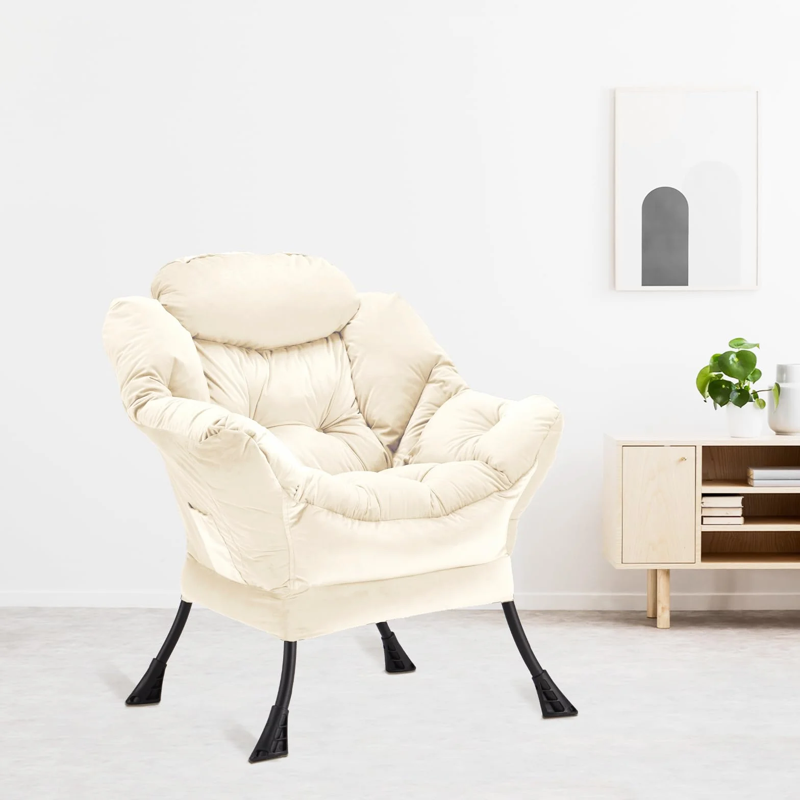 Youtanic Lazy Chair Thick Padded, Comfy Velvet Accent Lounge Chair with Stable Frame, Leisure Sofa Armchair with Armrests and Side Pocket, Reading Chair for Bedroom, Living Room, Office, Beige