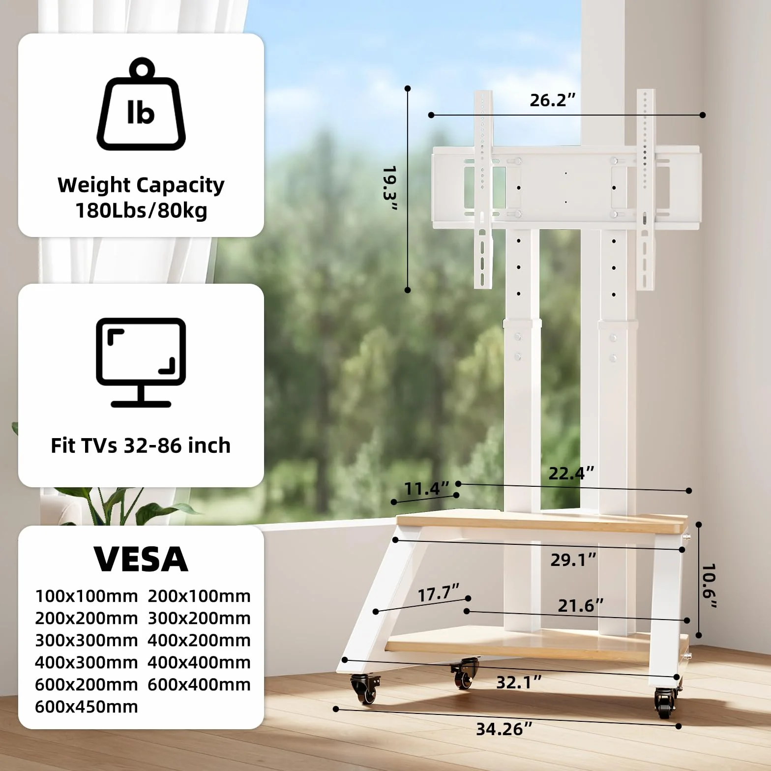 Mobile TV Stand Rolling TV Cart with Wheels for Most 32-86 Inch TV | TV Stand with Double Wooden Shelf, Height Adjustable Heavy-Duty Holds up to 180lbs,Max VESA 600 * 450mm