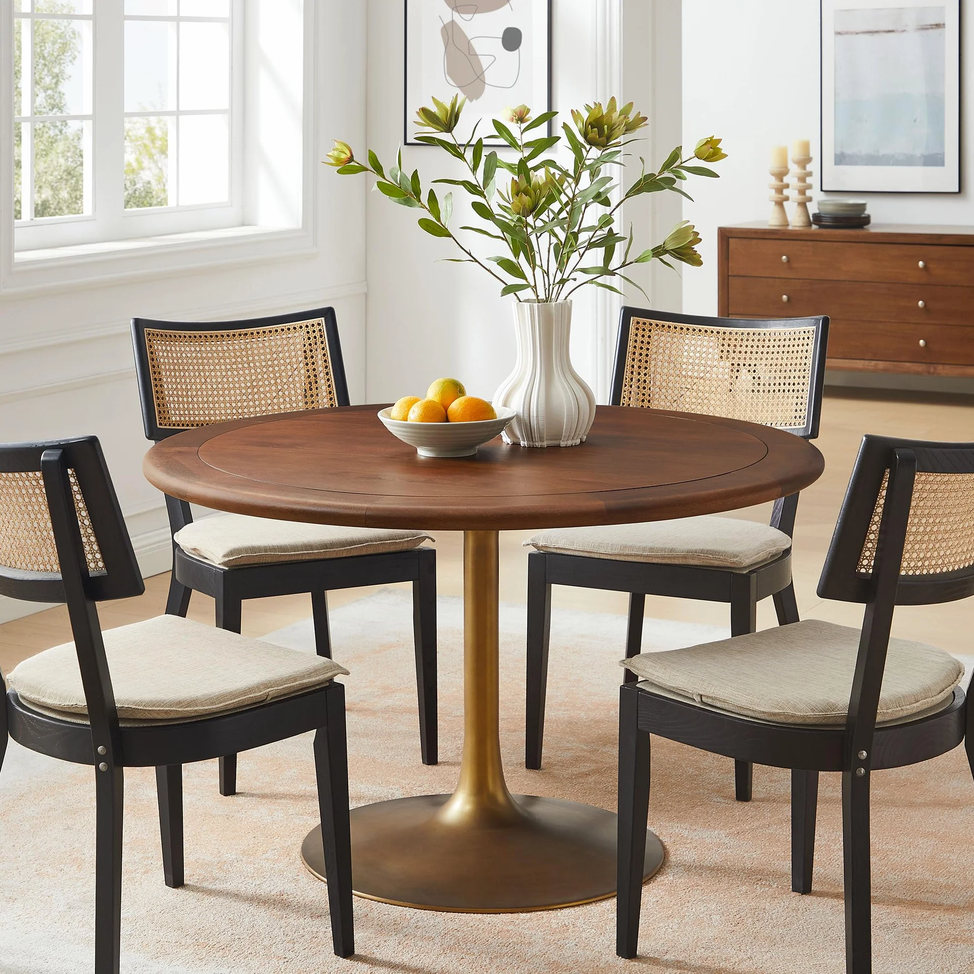 Modway Lippa 48 Inch Round Wood Dining Table with Metal Pedestal in Brass Walnut - Modern Industrial Dining Table for 4 People - Solid Wood Tulip Kitchen Table