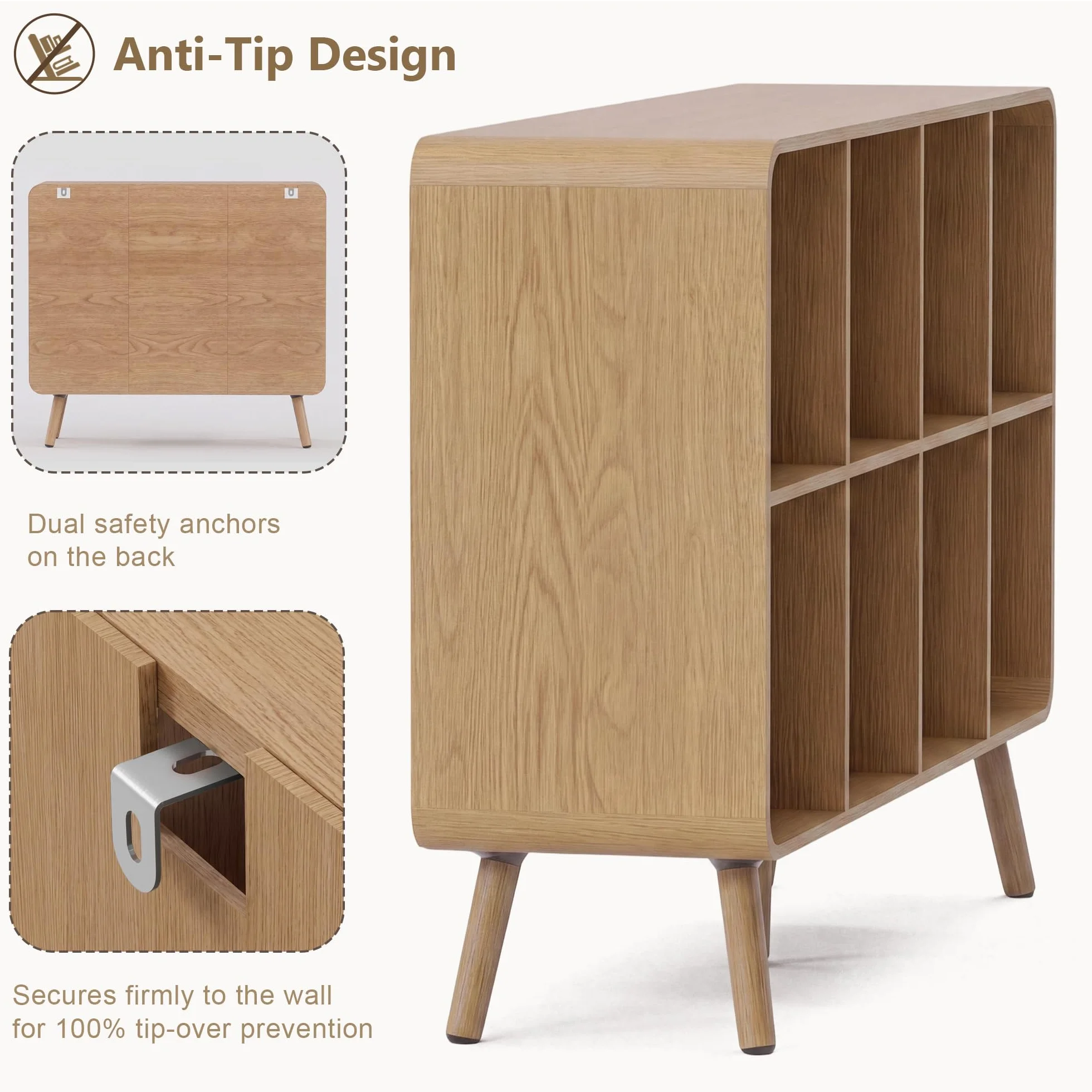 6 Cube Bookshelf - 35.4" Wood Cube Bookcase with Legs, Open Cubby Bookshelves with Curved Profile Design for Bedroom, Living Room,Home Office, Nature