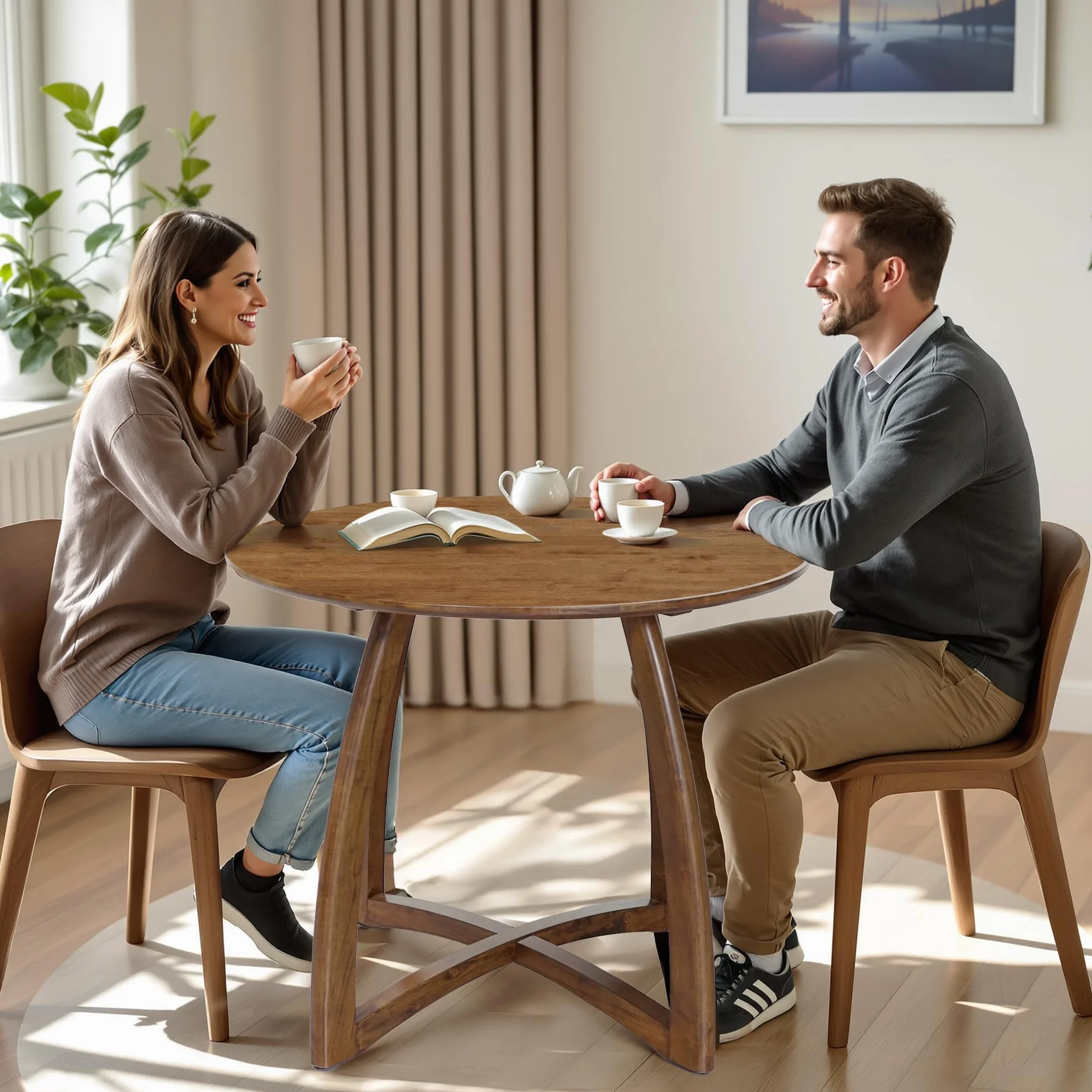 Acacia Alma 36 Inches Round Dining Table for 4, Solid Rubber Wood, Mid-Century Modern Kitchen & Dining Room Tables, Space-Saving for Living Room, Wooden Waterproof Thickened Tabletop, Natural