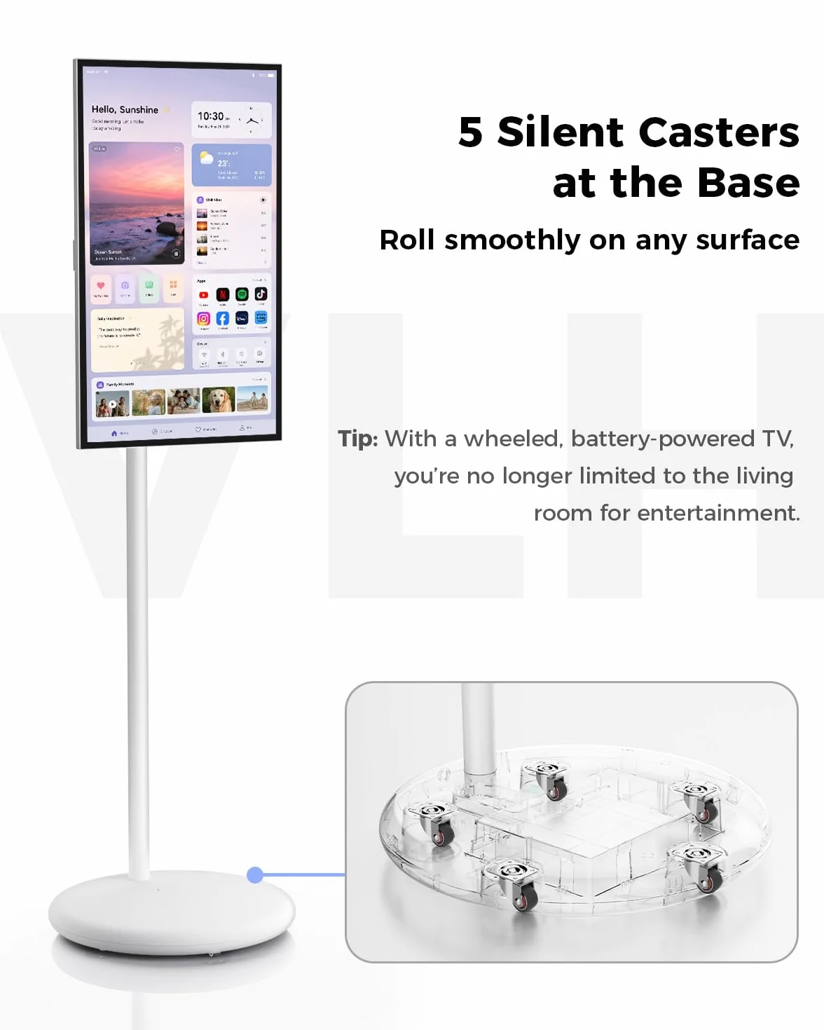 VLH 27″ FHD Touch Screen Rolling TV, Smart Portable TV on Wheels, 6G+128GB, 27000mAh Battery, Android 15 OS, EDLA-Certified, Wireless Tablet TV with Voice Remote Control, Built-in 13MP Camera