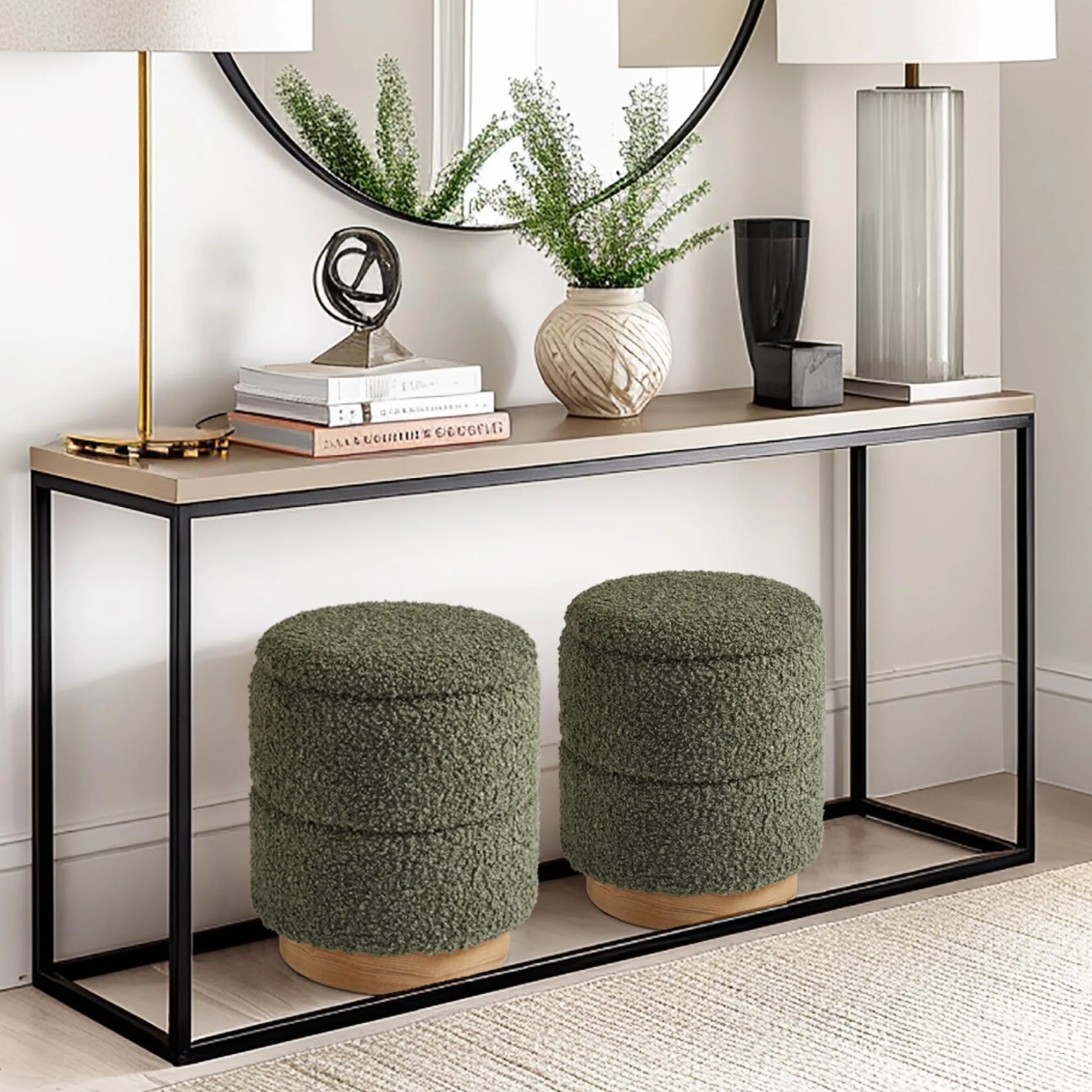 Round Ottoman with Storage, Modern Boucle Ottoman Upholstered Foot Stool with Wood Base, Vanity Stool Chair, Footrest Extra Seat for Living Room Bedroom Entryway (Olive Green)